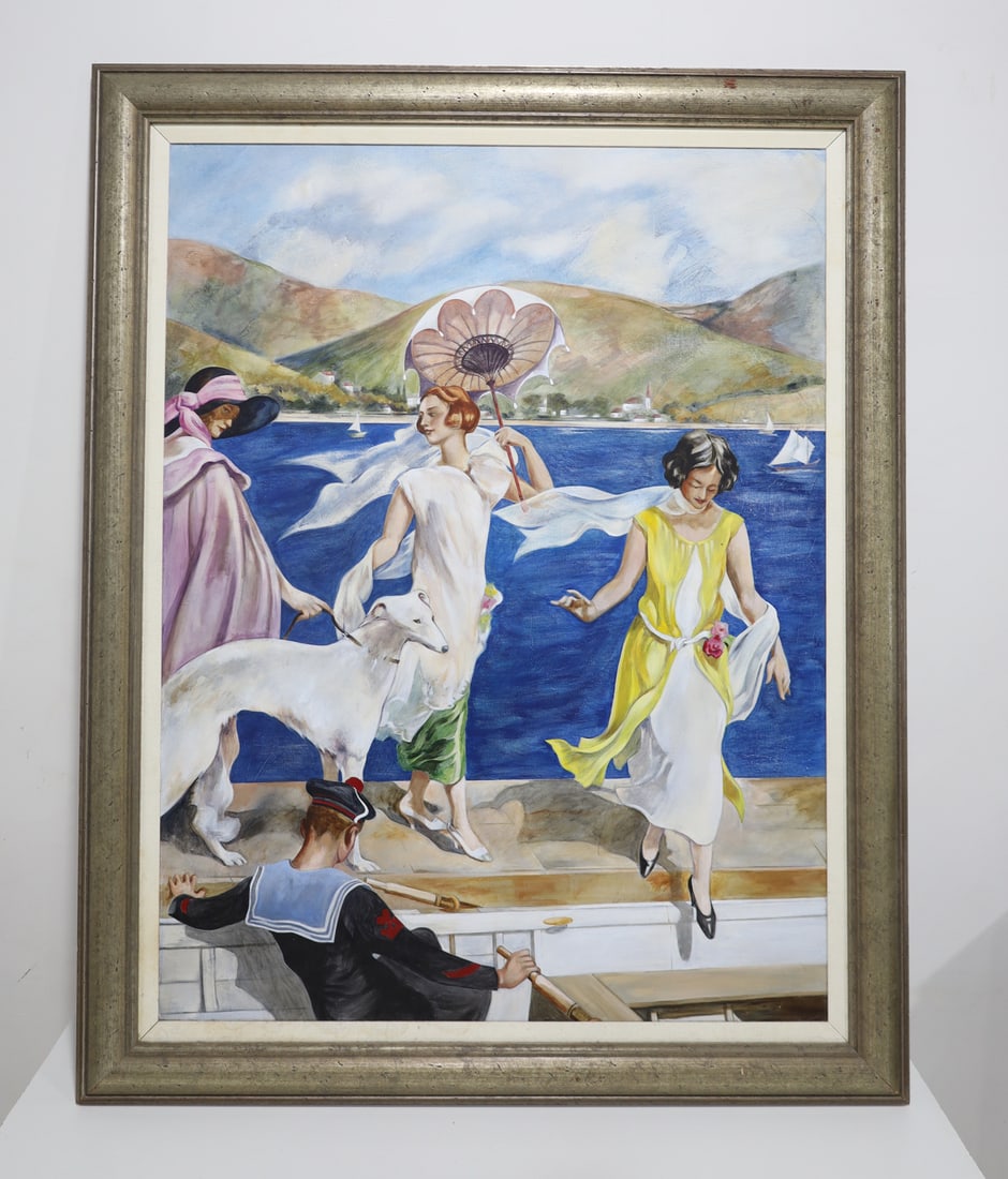 Girls on River Painting: Large scale paintng of girls boarding a boat on the river. Framed.