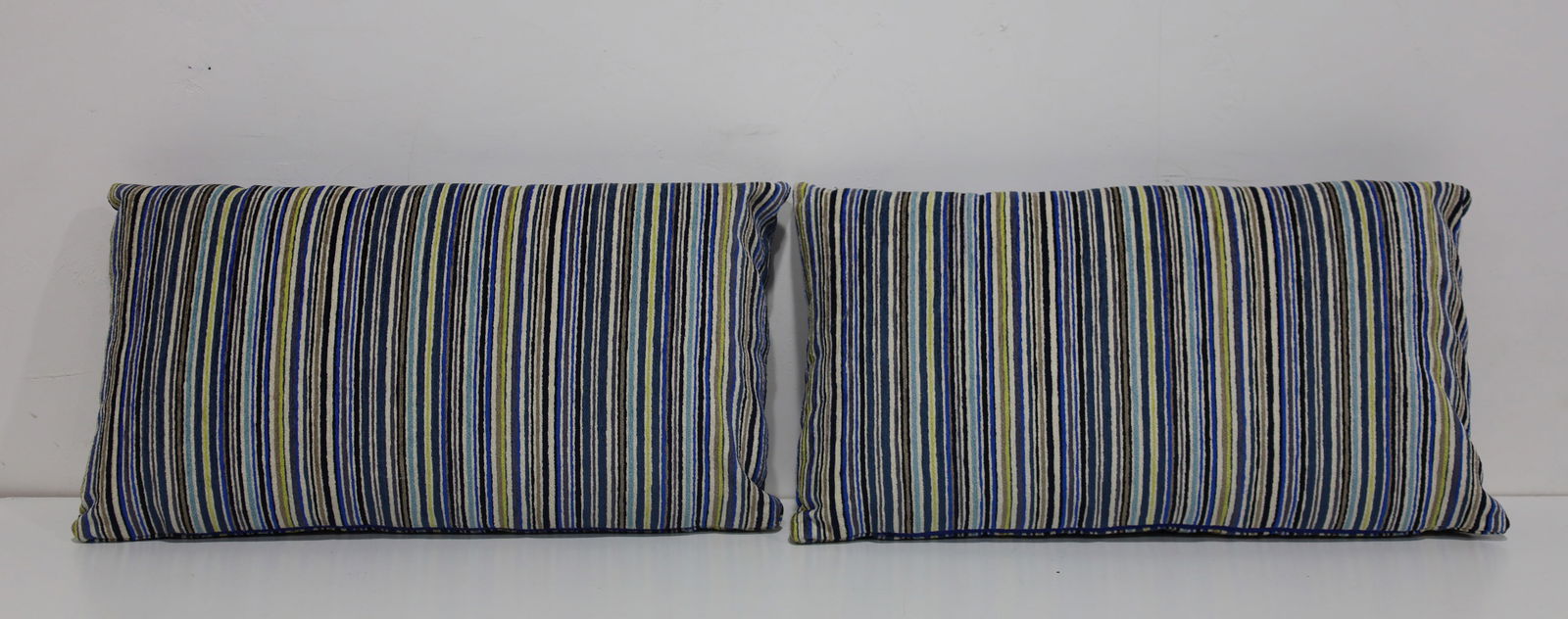 Pair Lumbar Sized Striped Blue Pillows: Great for beds, sofas or anywhere. Matching pair of blue striped velvety pillows.