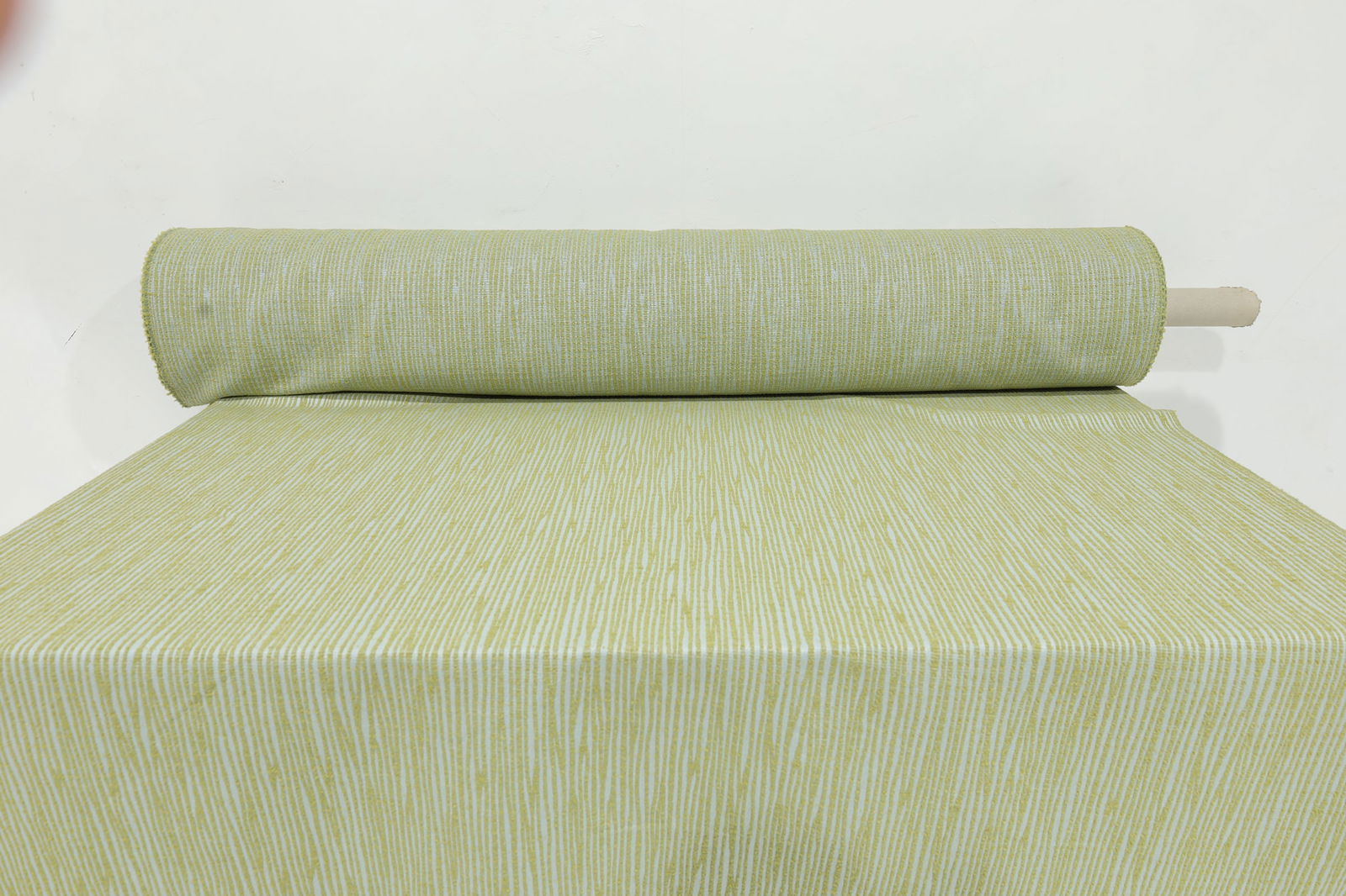 Large Bolt of Geen and Pale Blue Upholstery Fabric: A beautiful high-quality woven upholstery fabric in yellow/green and pale blue. We do not have exact yardage but estimate 25 plus yards. Width is typical 54".