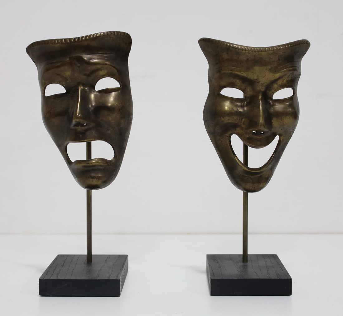 Pair of Theatre Happy Sad Faces in Metal on Stands: Great for decorative accents