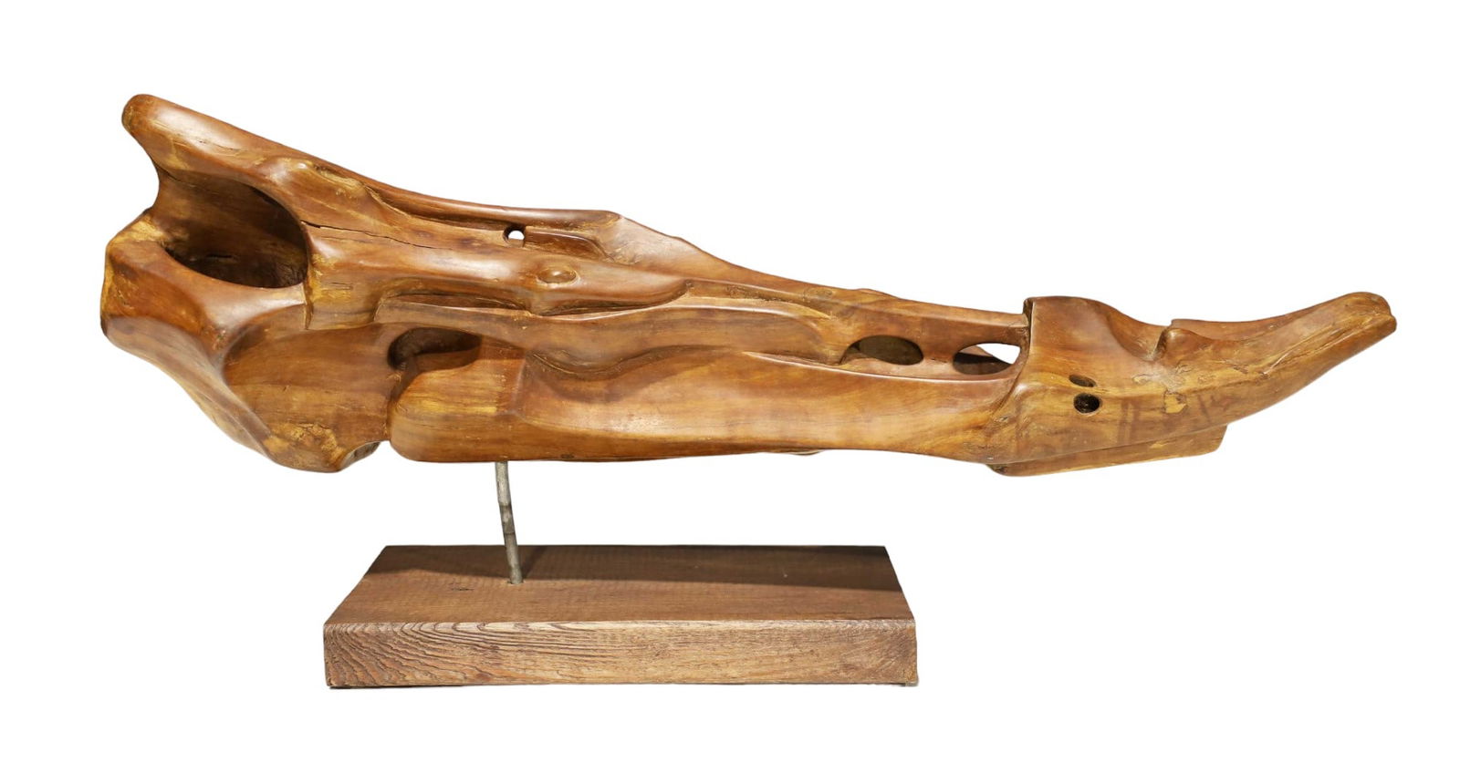 Organic Modern Wood Sculpture on Metal Stand: Great for shelf unit or table top. An organic shaped wood sculture on a metal stand.