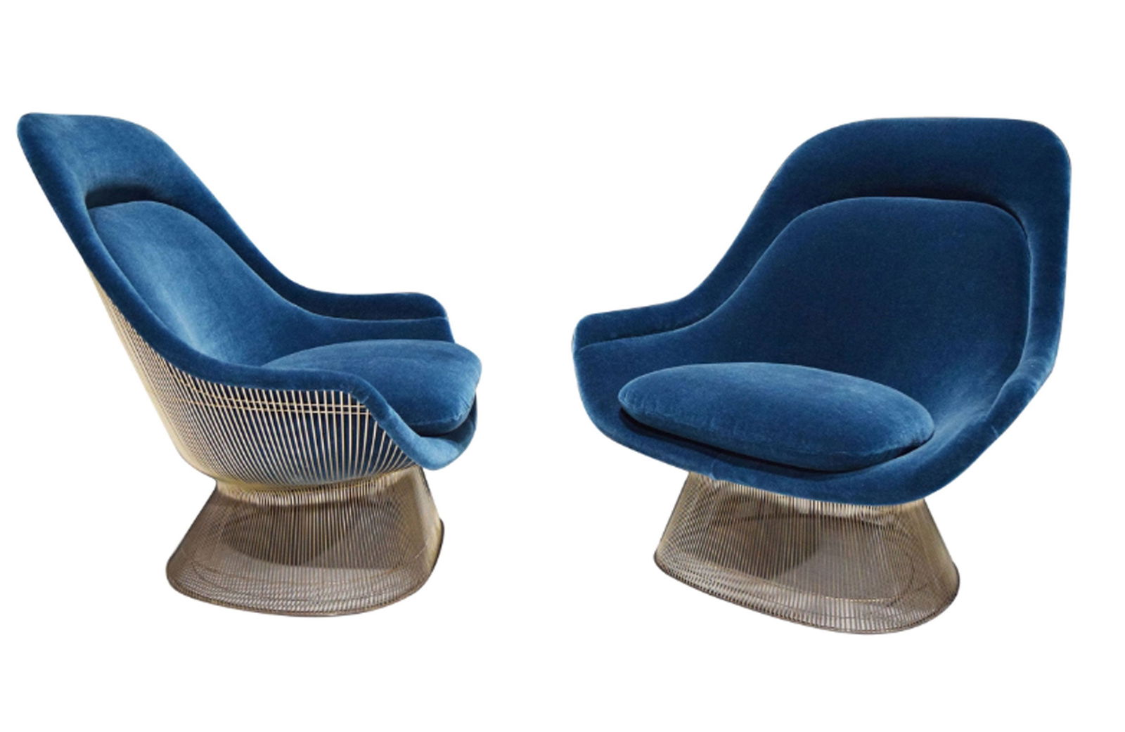 Pair of Warren Platner for Knoll Easy Chairs in Blue Mohair: Warren Platner's iconic Easy Chairs for Knoll, meticulously reupholstered in sumptuous blue mohair.