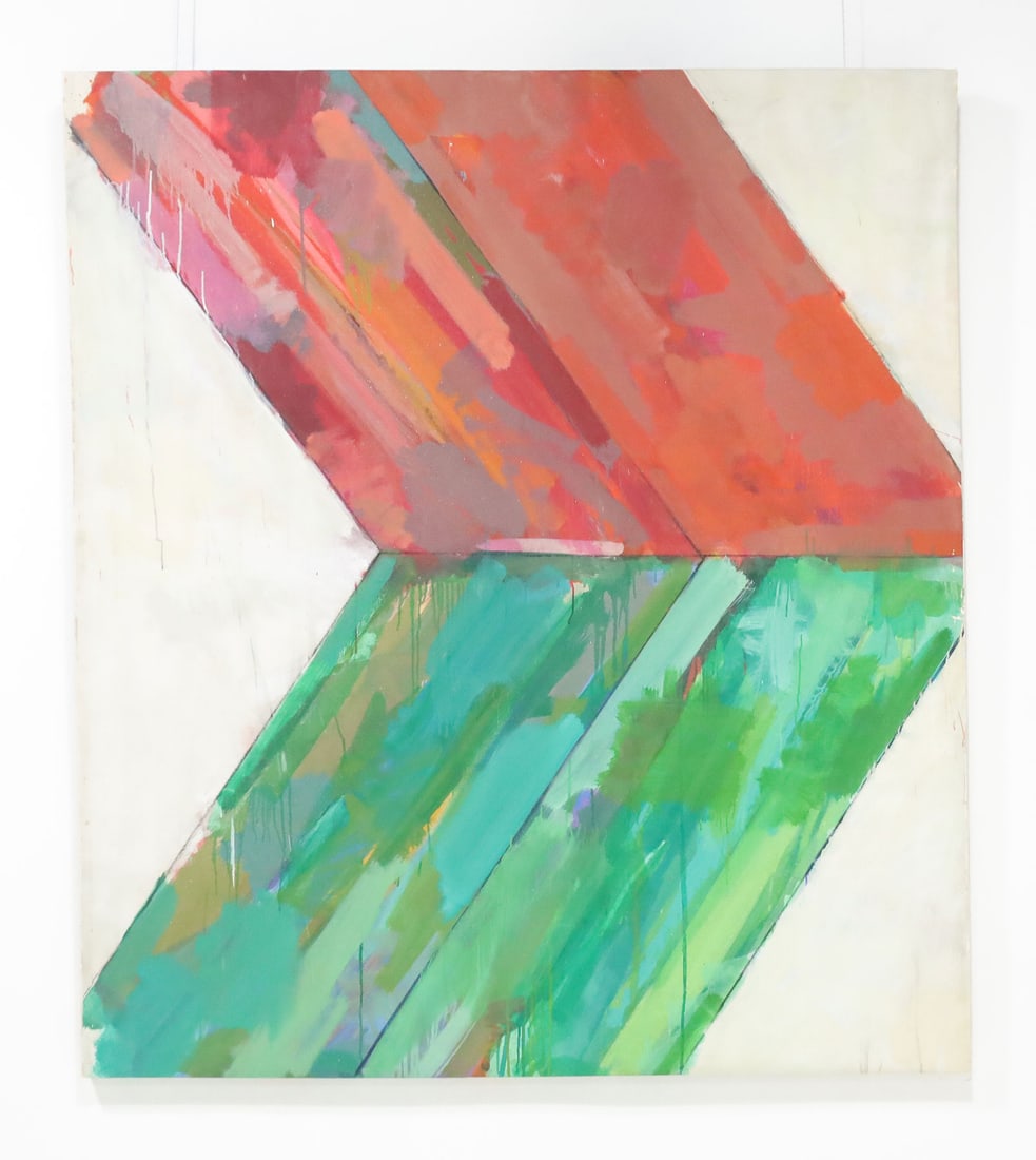 Large Abstract by John Simpson, dtd. 1964: Large oil on canvas by John Simpson, dated 1964. Exhibited at the Brooklyn Museum of Art, this masterpiece embodies the Ellsworth Kelly style geometric with vibrant reds and greens.