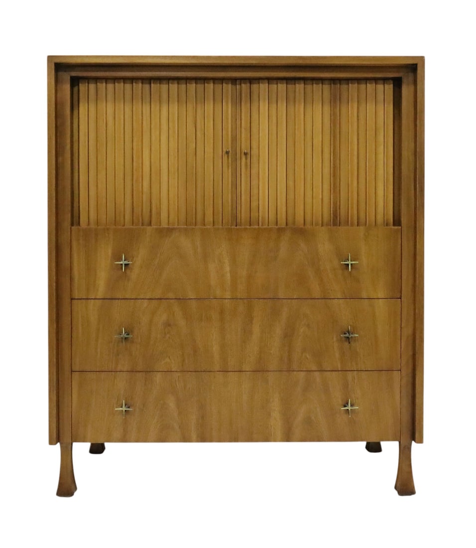 John Stuart for Widdicomb Chest of Drawers with Tambour Doors: A great looking design of superior quality. This chest of drawers features three drawers with brass sputnik style pulls and a set of tambour drawers that open to reveal several cubbies for storing