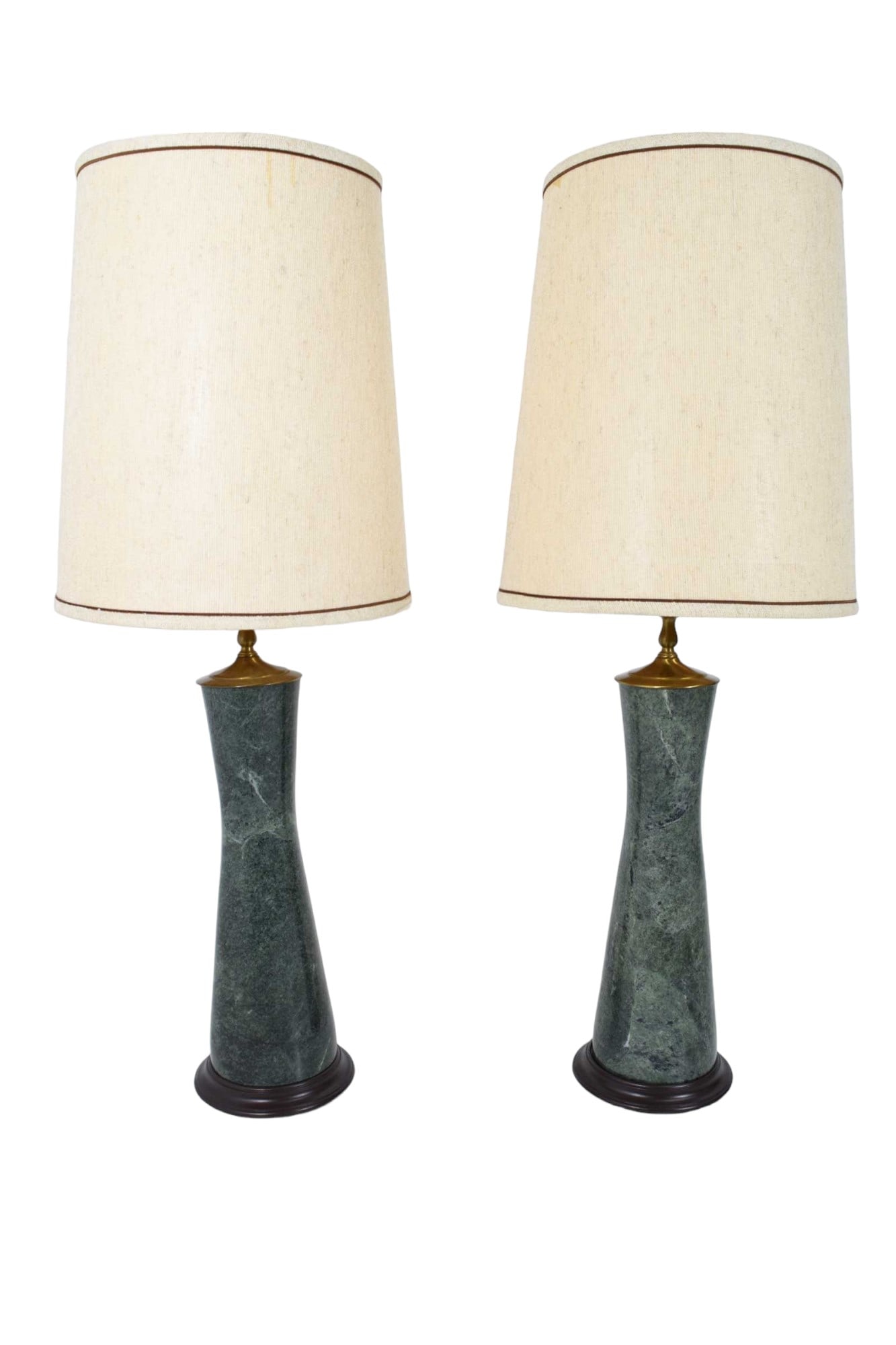 Marble Table Lamps in Teal: Beautiful heavy pair of marble table lamps in a teal color with brass trim. Measurements are to the top of harp and diameter is for the shade, ensuring a perfect fit for your stylish home d?cor.