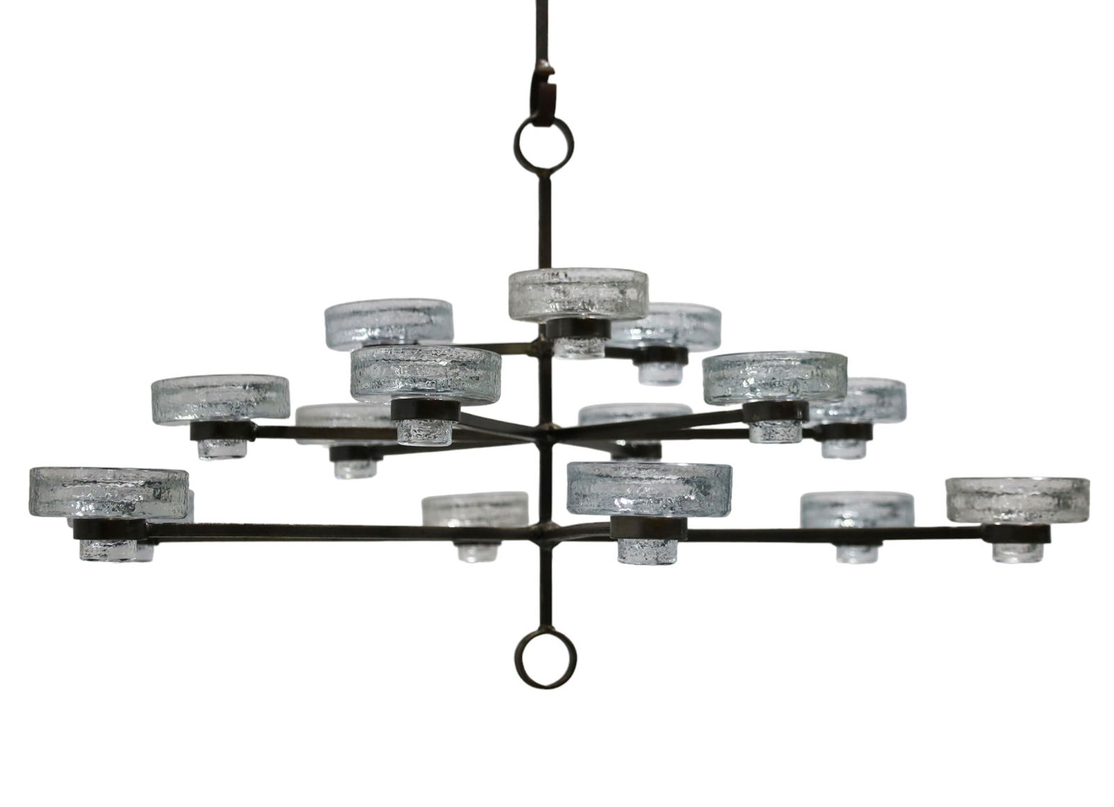Erik Hoglund 15 Candle Chandelier: Gorgeous 15-candle chandelier by Erik Hoglund for Kosta Boda, circa 1960s. Expertly designed and manufactured in Sweden, this striking piece features wrought iron and glass construction that reflects