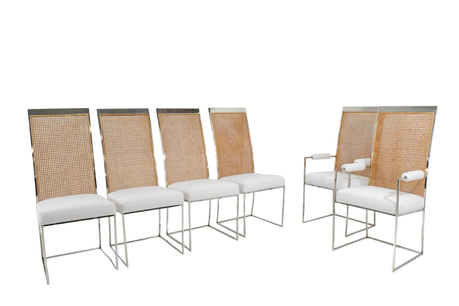 Milo Baughman Dining Chairs in Holly Hunt Great Outdoors: An exquisite set of six dining chairs by Milo Baughman, featuring elegant cane backs. Newly upholstered in the luxurious Holly Hunt Great Outdoors fabric, these chairs seamlessly blend timeless mid-ce