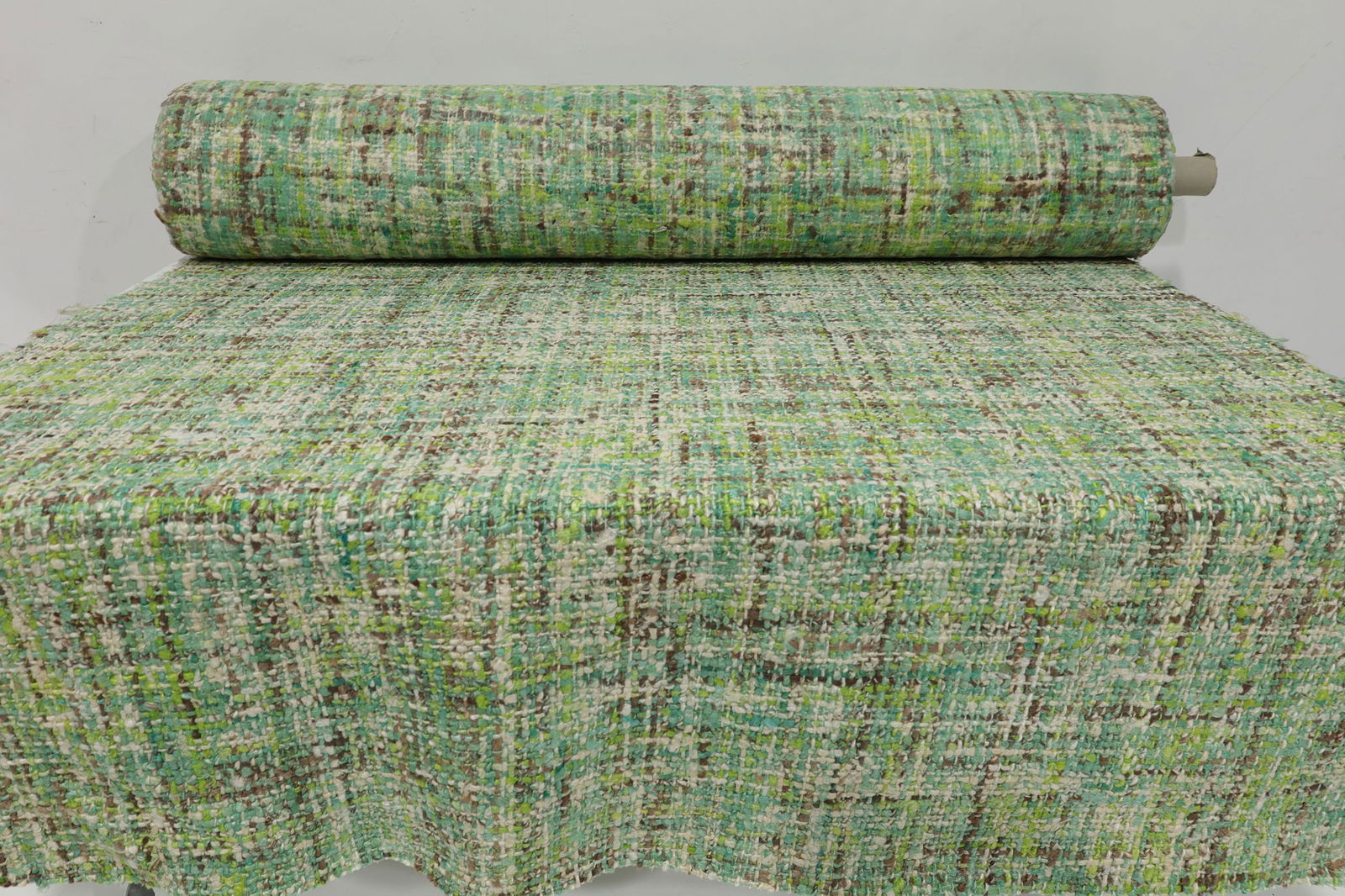 Heavy Textured Fabric by Lillian August , 12 Yards: Heavy weight upholstery fabric in a textured weave. Pale greens, browns and off-whites.