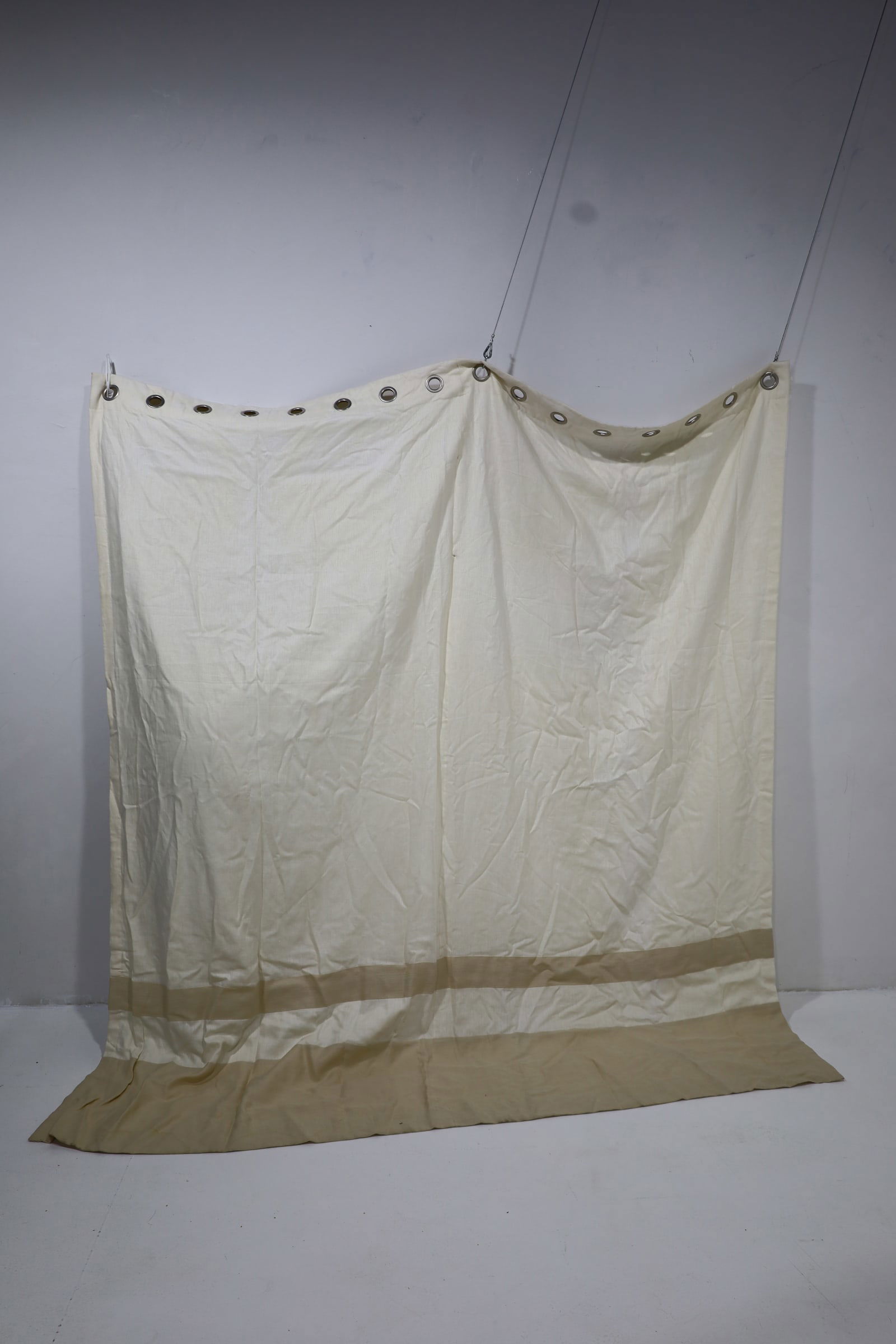 Custom Made Heavy Linen Shower Curtain with Grommets: In an off-white with Taupe/Sand Trim, high quality linen fabric
