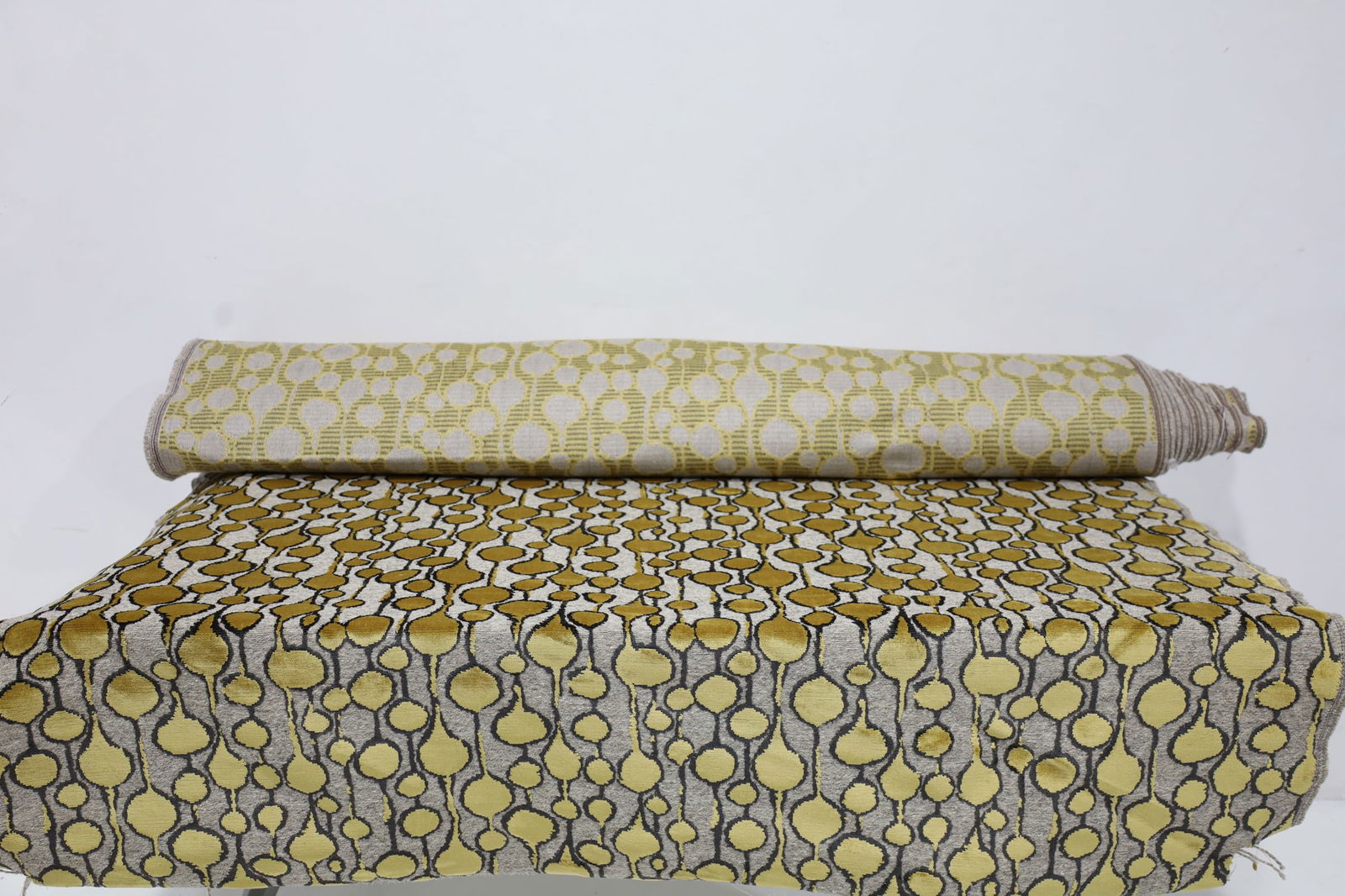 Heavy Weight Cut Velvet Upholstery Fabric, About 20 yards: Beautiful quality fabric in gold cut velvet on gray and off-white textured background. We do not have exact yardage but estimate to be about 20 yards, 54" width.