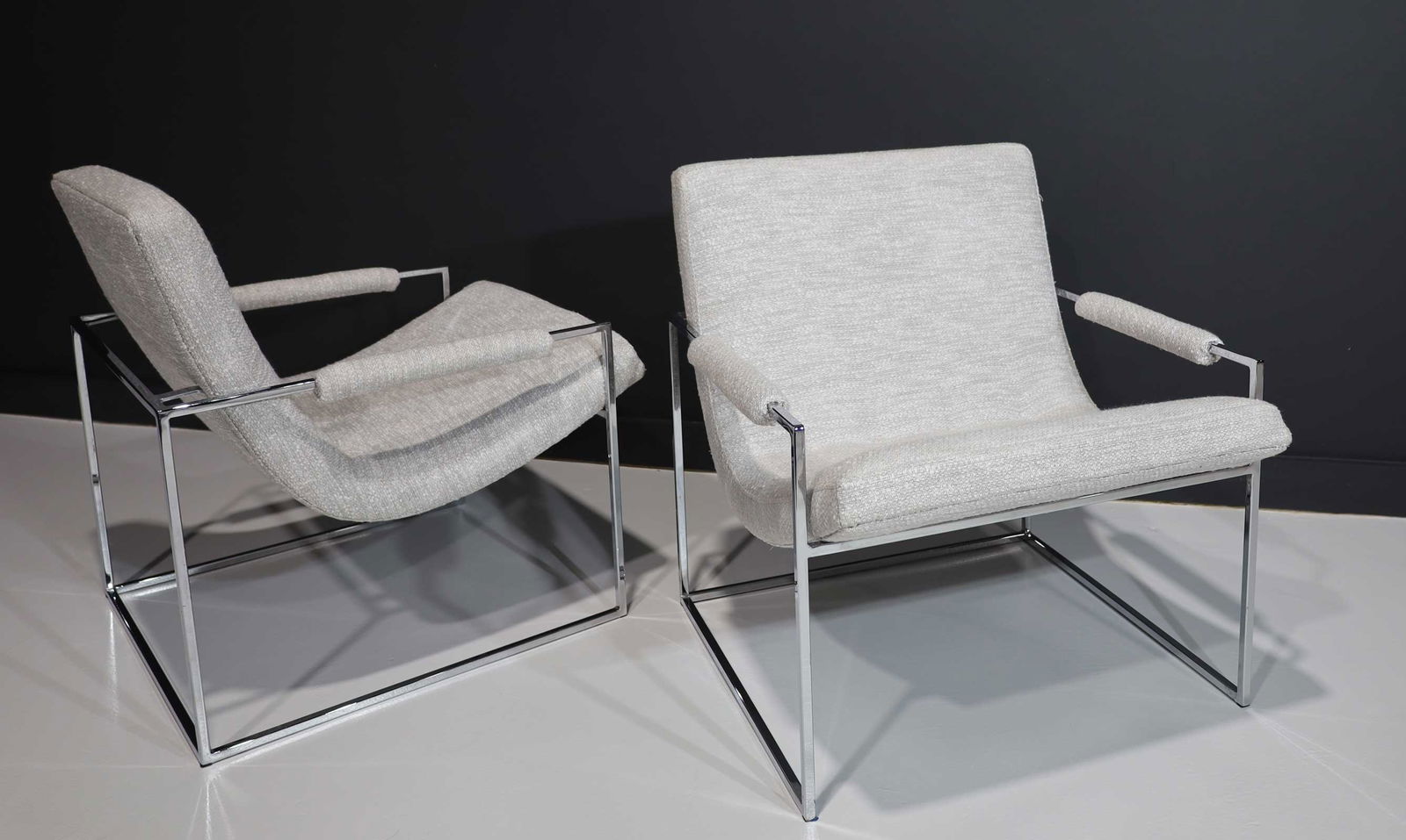 Milo Baughman Scoop Chairs in Holly Hunt Performance Fabric: Newly upholstered in a Holly Hunt performance weave, these chairs combine timeless mid-century modern design with unmatched durability. Crafted for both style and comfort, their elegant lines and prem