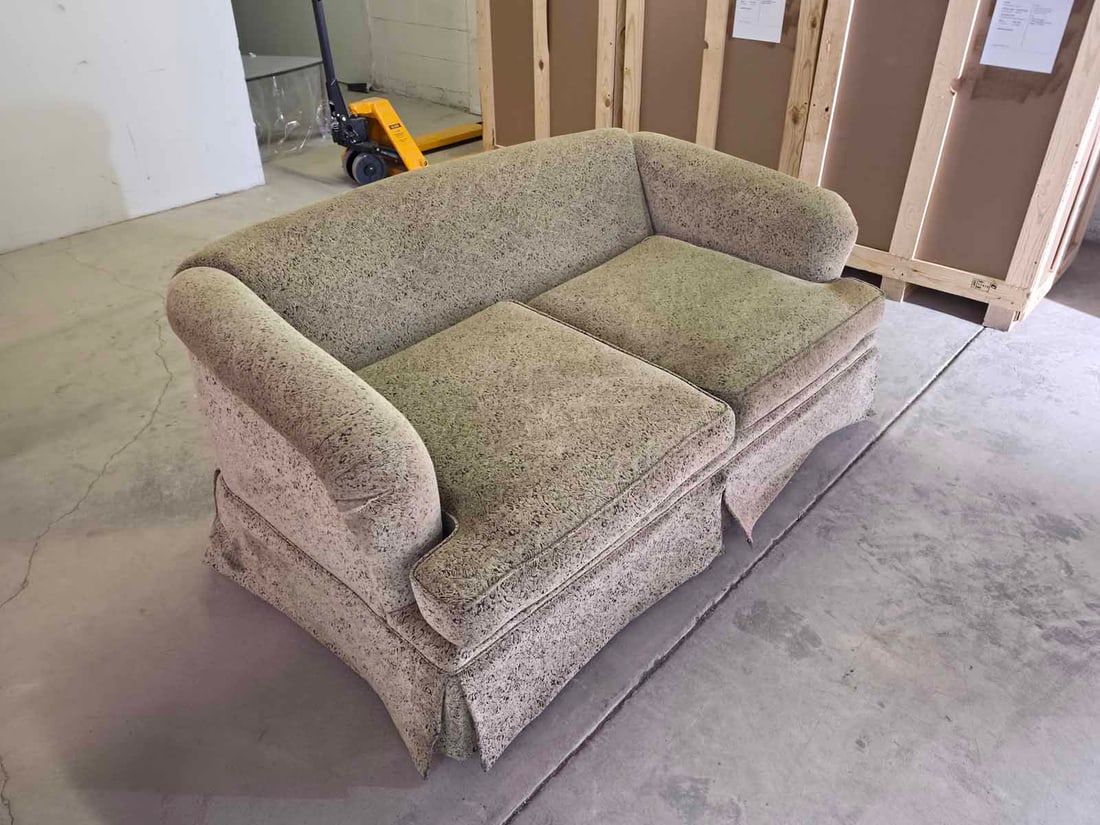 1960s Settee in the Style of Dunbar Furniture: Vintage 1960s settee in the style of Dunbar Furniture, featuring a clean mid-century modern profile and waffle-style support strapping underneath, a sign of quality construction typical of high-end