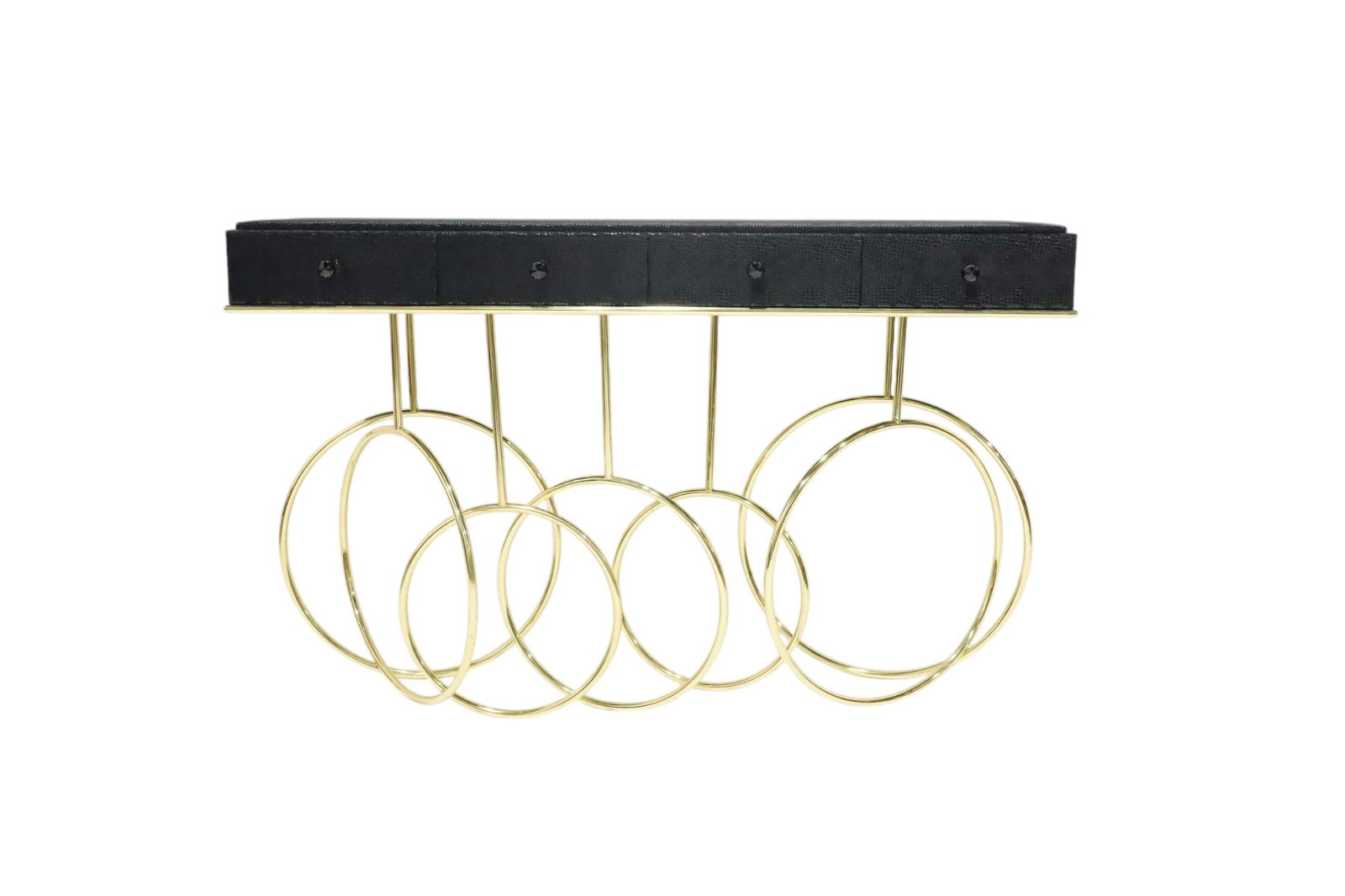 Koket "Burlesque" Console in Brass and Leather: Revisit the dazzling world of a French cabaret through the Burlesque console. The acrobatic brass loops & spins of the base paired with black exotic leather skins and a black crystal on each one of