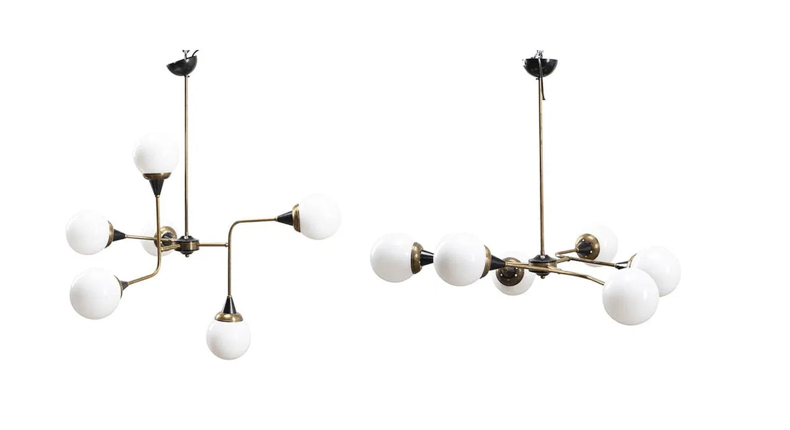 Pair of Stilnovo Style Chandeliers: Pair of Modern brass Stilnovo style six light chandeliers, having brass armatures with black accents and milk glass globes, apparently unmarked. Approximate dimensions: a. Including ceiling canopy, h.