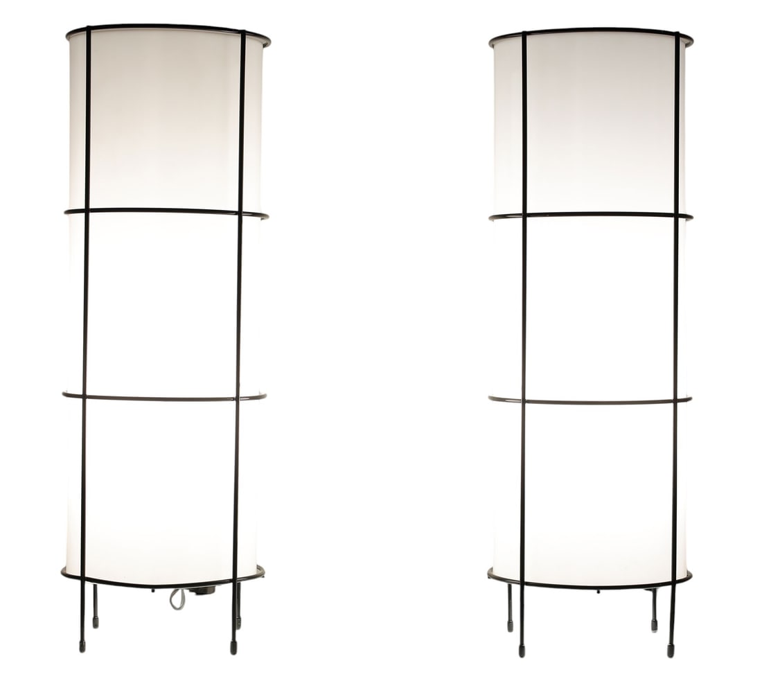 Pair of Artemide Attributed Table Lamps, circa 1970s: 1970s pair of Artemide table lamps, featuring enameled metal frames and elegant acrylic cylinder shades. The acrylic shades of these lamps diffuse light beautifully, creating great mood lighting