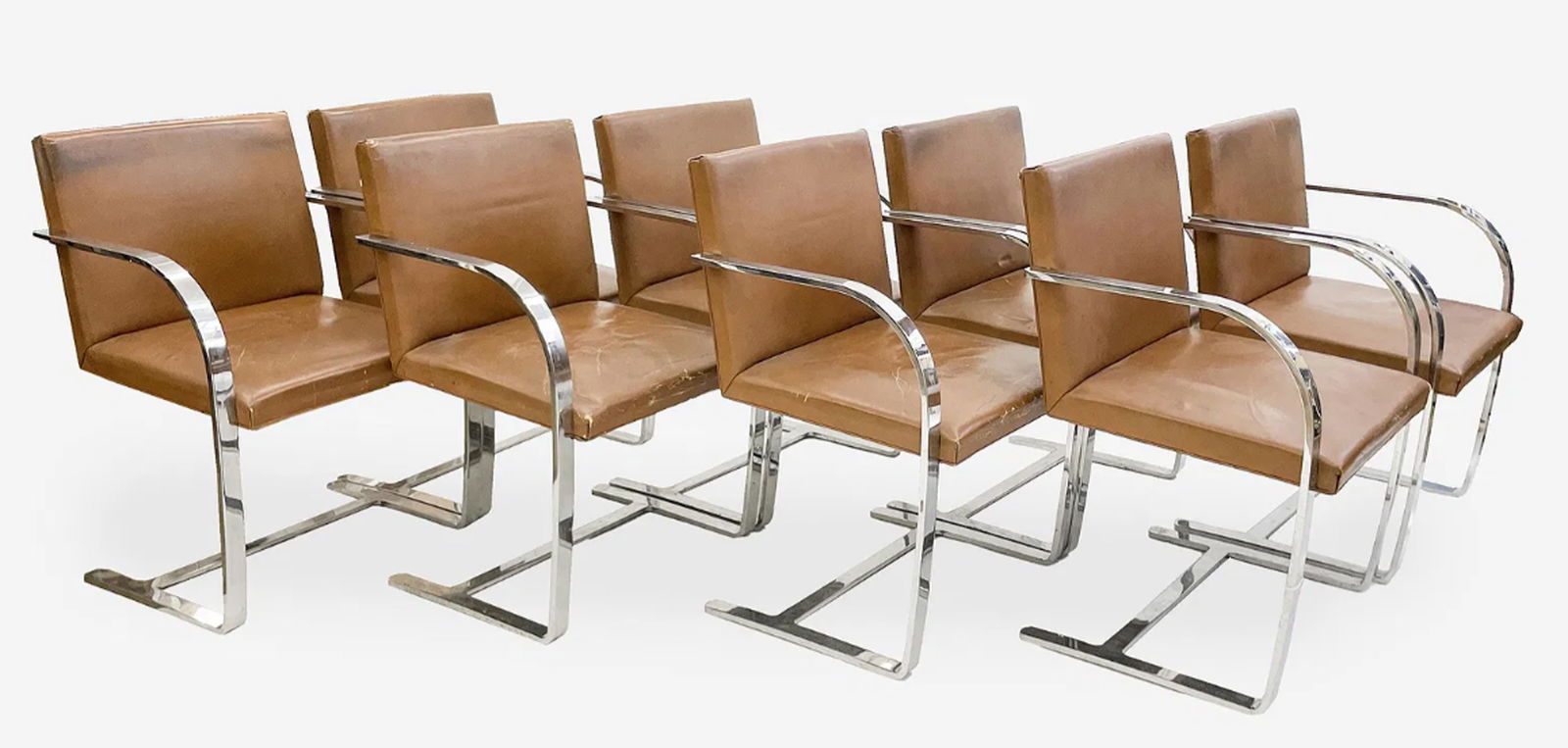 Set of 8 Brno Chairs by Mies van der Rohe for Knoll in Leather: These chairs show some wear and the frames have wear and scratches. Structurally sound.