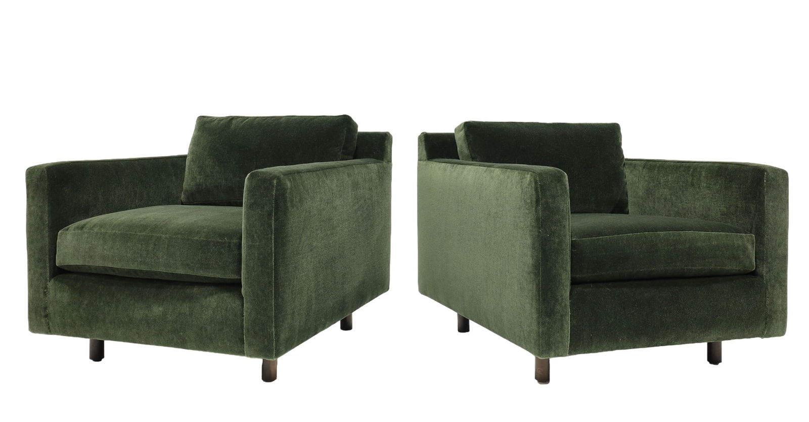 Lounge Chairs Harvey Probber Style in Forest Green Mohair: A beautiful luxurious pair of Harvey Probber style lounge chairs in a rich forest green mohair, designed to epitomize the elegance and comfort of mid-century modern furnishings. These chairs are very