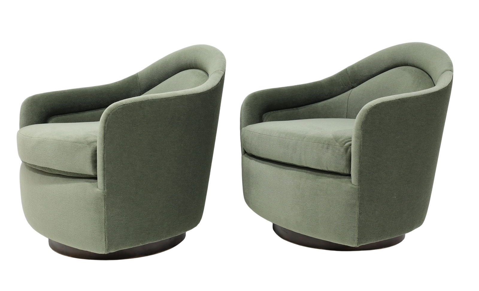 Milo Baughman Style Teardrop Lounge Chairs in Vendome Mohair: Super great looking pair of Milo Baughman style lounge chairs newly upholstered in mohair by Vendome, color Eucalyptus. These are stationary; however, a swivel can be added. Base is walnut.