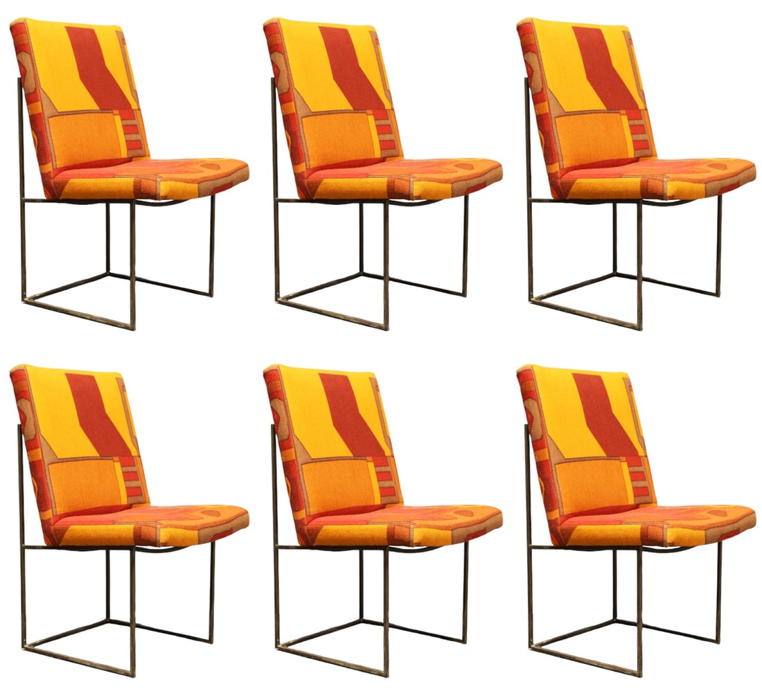 Milo Baughman Bronze Thin Frame Chairs in Jack Lenor Larsen Upholstery: A beautiful set of Milo Baughman thin frame dining chairs in a hard to find bronze finish. Reupholstered in a Jack Lenor Larsen fabric which complements the bronze frame.