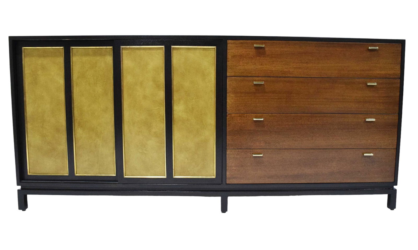 Harvey Probber Signed Sideboard in Mahogany with Gold Trim, 1960s: Harvey Probber Signed Sideboard in Mahogany with Gold Trim, fully restored to its original splendor. The sideboard features two front sliding doors in a luxurious gold leaf finish, opening to reveal