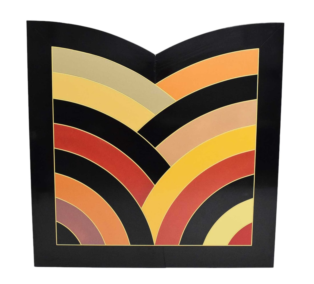 Large Frank Stella Attributed Painting on Board: In 1969, Frank Stella was awarded the commission for the Metropolitan Museum's Centennial logo. The logo design was called the "Centennial M" and was a design after his Kufa Gate work which was part o