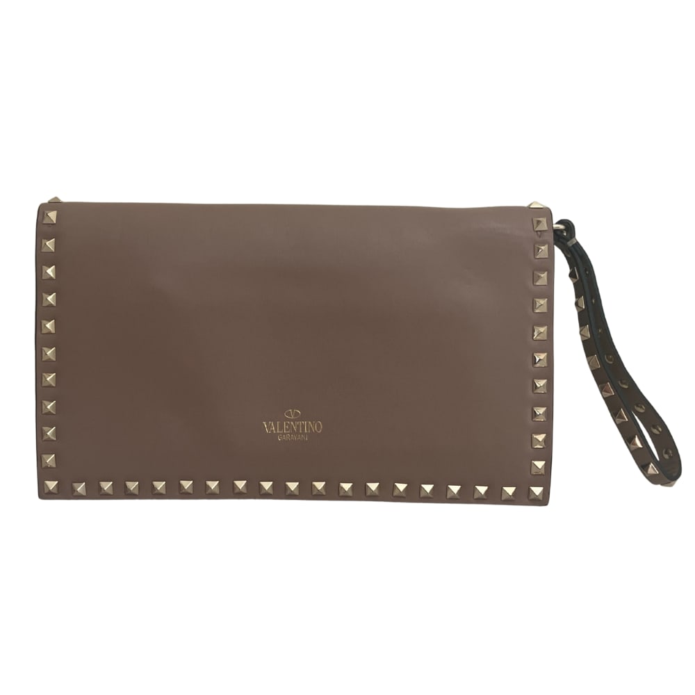 Valentino Garavani Nappa Rockstud Brown Plain Leather Clutch: Valentino Garavani Nappa Rockstud Brown Plain Leather Clutch