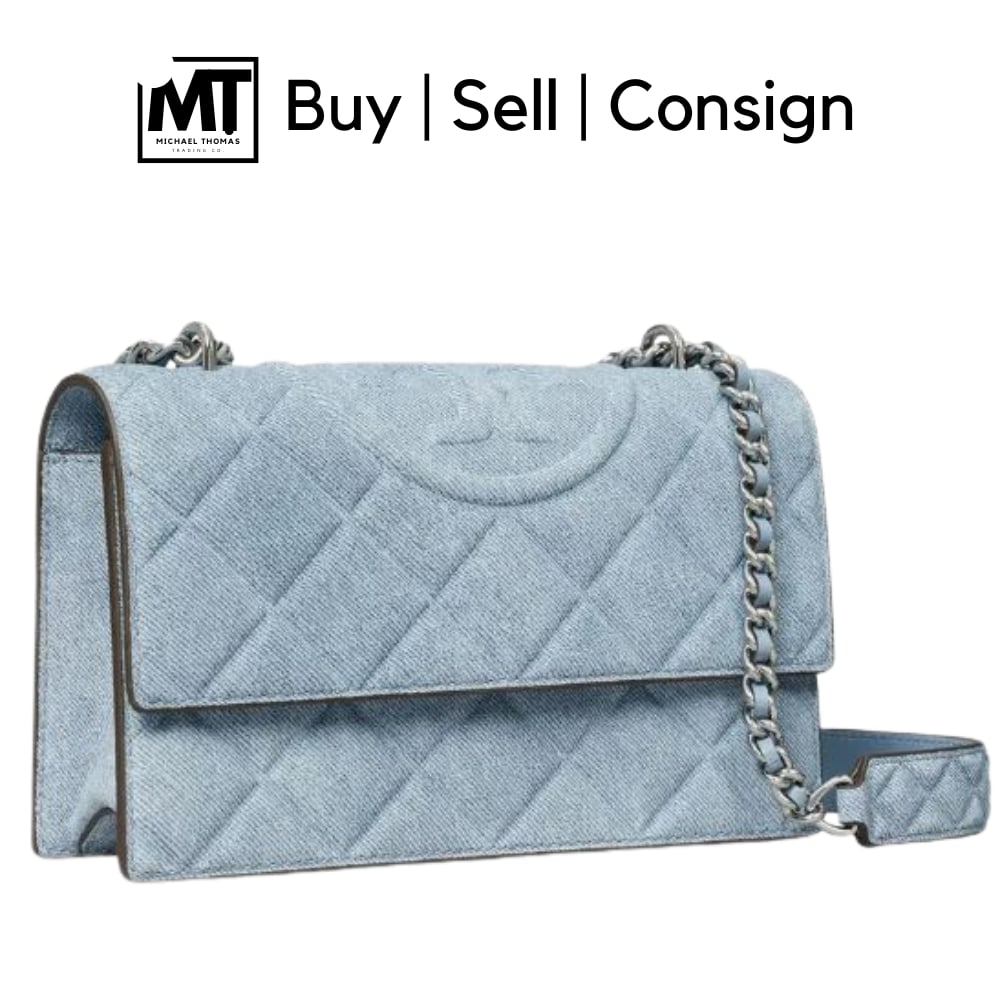 Tory Burch Fleming Small Blue Quilted Denim Shoulder Bag: Tory Burch Fleming Small Blue Quilted Denim Shoulder Bag