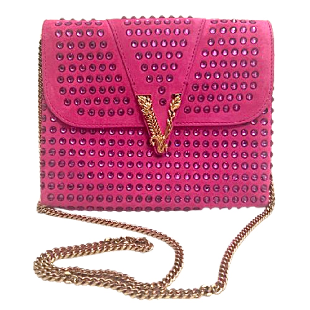 Versace Virtus Pink Crystal Leather / Suede Shoulder Bag: Versace Virtus Pink Crystal Leather / Suede Shoulder Bag
