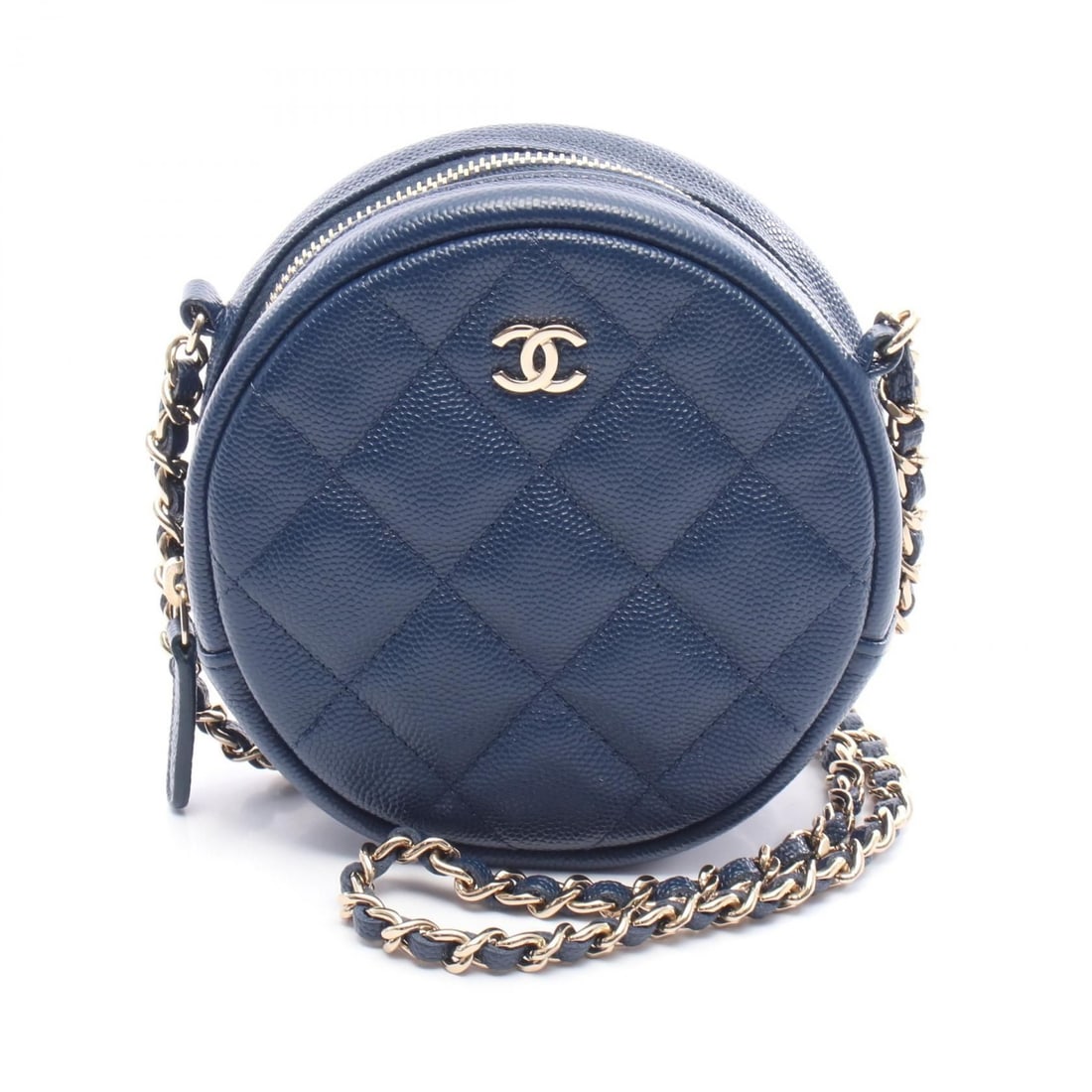 Chanel Navy Grained Calfskin, Leather Mini Handbag: Chanel Navy Matelasse Round Mini Shoulder Bag in grained calfskin leather. Good condition.