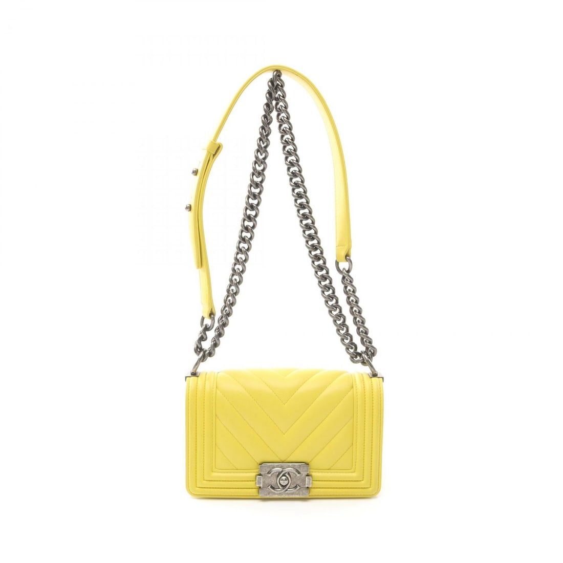 Chanel Yellow Lambskin Boy Small Handbag: Chanel Yellow Boy Small Chevron V Stitch Shoulder Bag crafted from lambskin leather featuring a chevron V stitch design.
