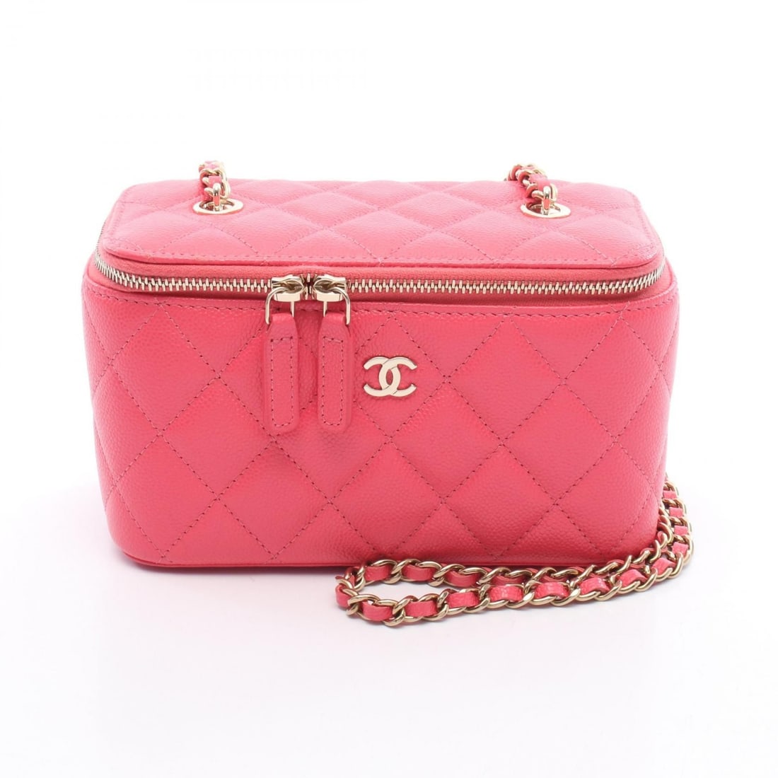 Chanel Pink Calfskin Small Handbag: Chanel Pink Matelasse Vanity Shoulder Bag made of calfskin (cowhide), model number AP2846. Dimensions are 16 cm x 10 cm x 8 cm (6.3 inches x 3.9 inches x 3.1 inches) with a shoulder strap length of