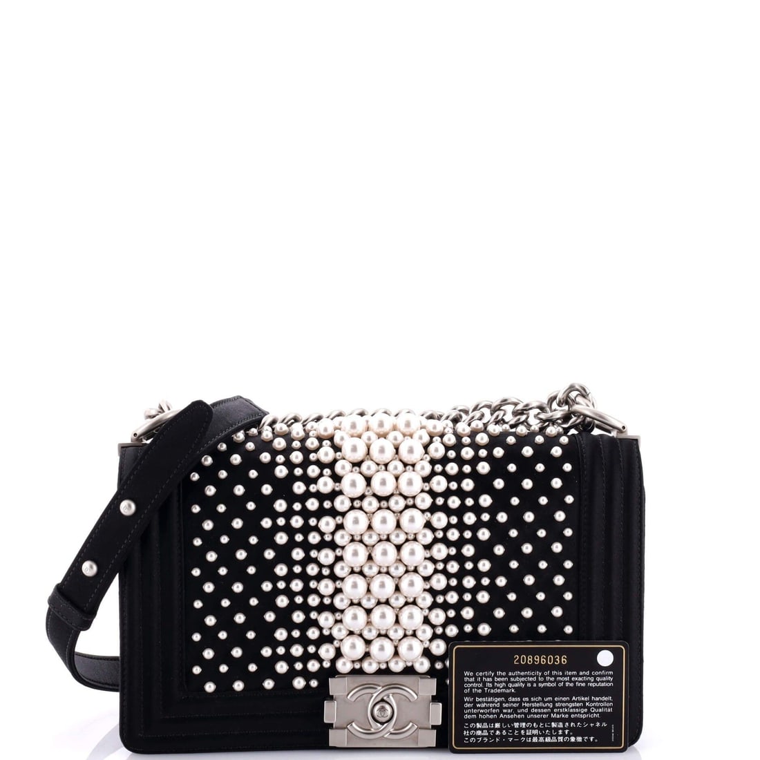 Chanel Black Satin, Faux Pearl Boy Flap Bag Pearl Embellished Satin Old Medium Old Medium Handbag: Condition: Great. Odor in interior. Wear on base and flap corners, minor creasing on exterior and strap, small marks on faux pearls, scratches on hardware.Accessories: Authenticity CardMeasurements: