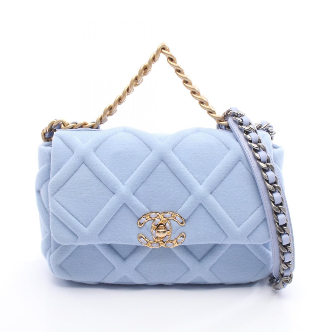 Chanel Blue Handbag: Item Name: CHANEL Blue 19 dix-neuf 19 Shoulder Bag cotton Cotton jerseyBrand: CHANELModel No.: Size: x W:25.5cmH:18cm x D:8cm(W:10.0 inch x H:7.1 inch x D:3.1 inch )Handle?24cm(9.4 inch ) -