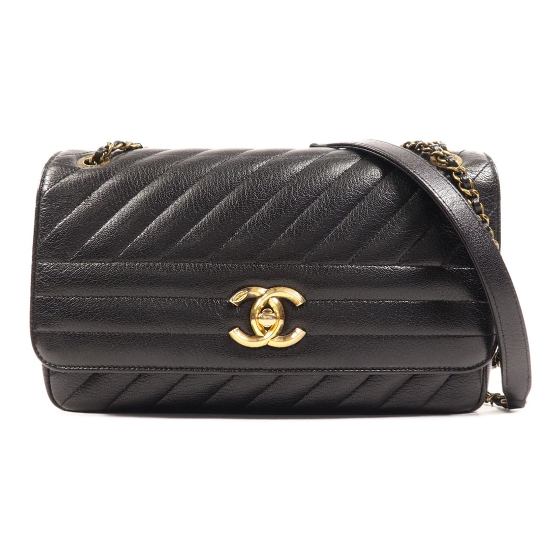 Chanel Black Calfskin Coco Mark Small Handbag: Chanel Black Cowhide Leather Coco Mark Quilted Flap Shoulder Bag with Golden Cross, made of calfskin, features a turn lock closure, and pockets. Dimensions: 25 cm (L) x 15 cm (H) x 6 cm (D).