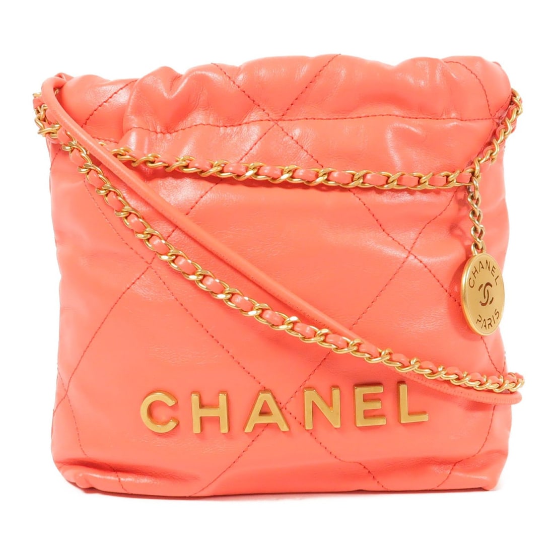 Chanel Red Chanel 22 Mini Handbag: Chanel Mini Shoulder Bag in red calfskin featuring gold hardware, one inside open pocket, and storage bags. Size: W:17.5cm x H:19cm x D:6cm. Good condition.