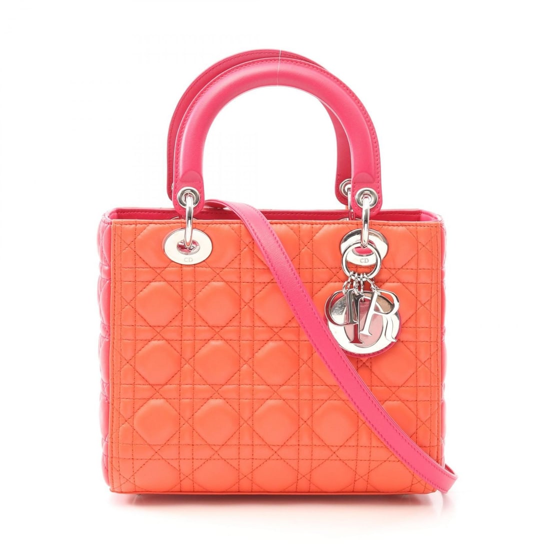 Dior Orange / Pink Lady Dior Medium Handbag: Item Name: Dior LADY DIOR Christian Dior Handbag Orange Pink leatherBrand: DiorModel No.:Size: x W:24cmH:20cm x D:11cm(W:9.4 inch x H:7.9 inch x D:4.3 inch )Handle?34cm(13.4 inch ) - 90cm-35.4 inch