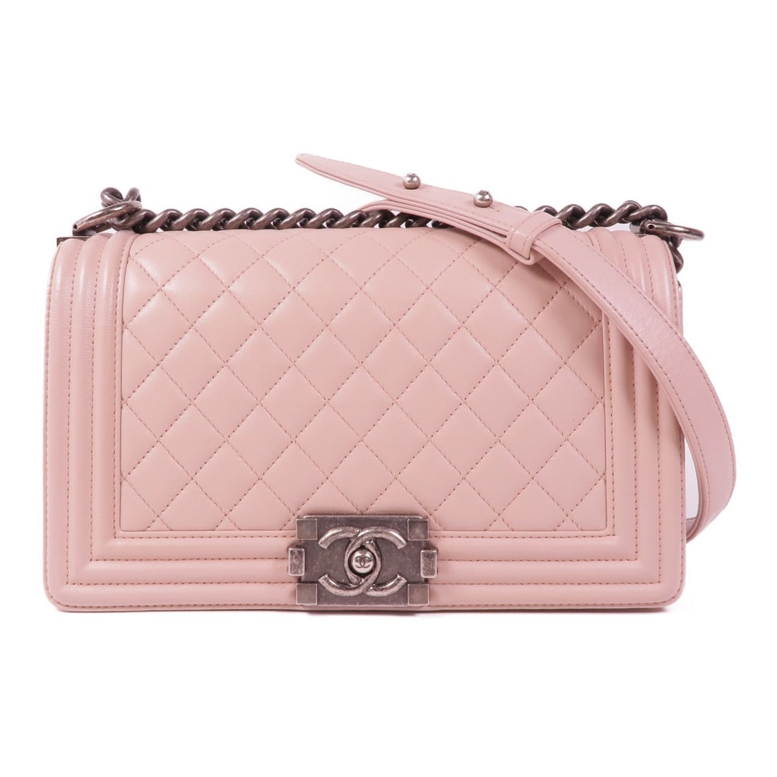 Chanel Pink Leather Boy Shoulder Bag: Item Name: CHANEL Pink Pale Pink Leather Boy 25 Silver crosshair shoulder bag Shoulder Bag leather 67086Brand: CHANELModel No.: 67086Size: x W:25cmH:15cm x D:7cm(W:9.8 inch x H:5.9 inch x D:2.8 inch