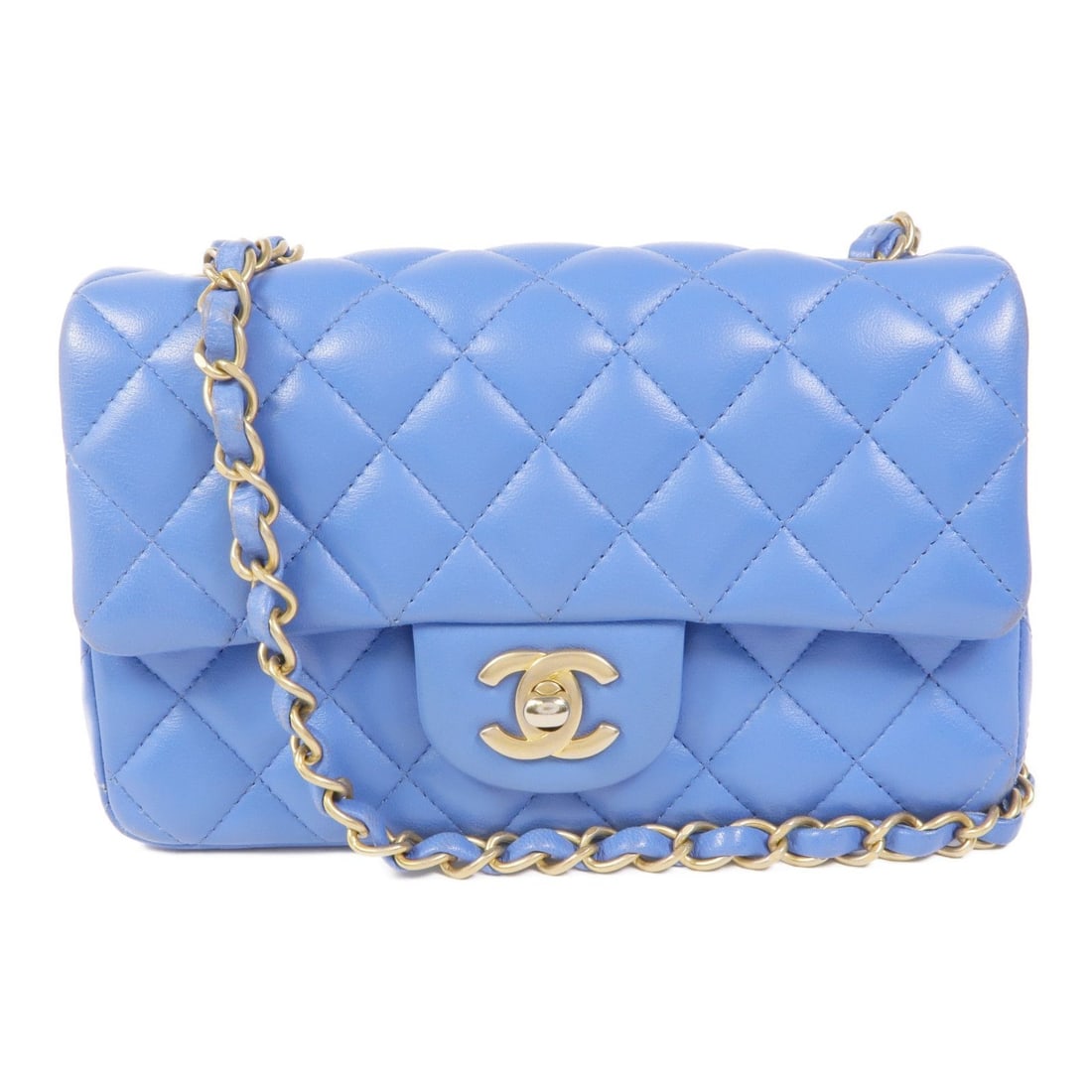 Chanel Blue Leather Mini Classic Shoulder Bag: Item Name: CHANEL Blue Blue Sheepskin leather Mini Classic 20 gold cross shoulder bag Shoulder Bag Lambskin (sheep leather)Brand: CHANELModel No.:Size: x W:20cmH:12cm x D:6cm(W:7.9 inch x H:4.7 inch