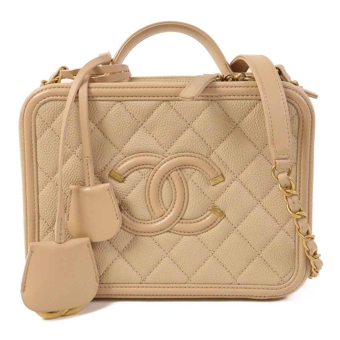Chanel Filigree Vanity Case Handbags: Item Name: Chanel Filigree Vanity Case Quilted Caviar Medium Brand: CHANELModel No.: A93343Size: x W:21cmH:15.5cm x D:8cm(W:8.3 inch x H:6.1 inch x D:3.1 inch )Handle?15cm(5.9 inch ) - 98cm-38.6 inch