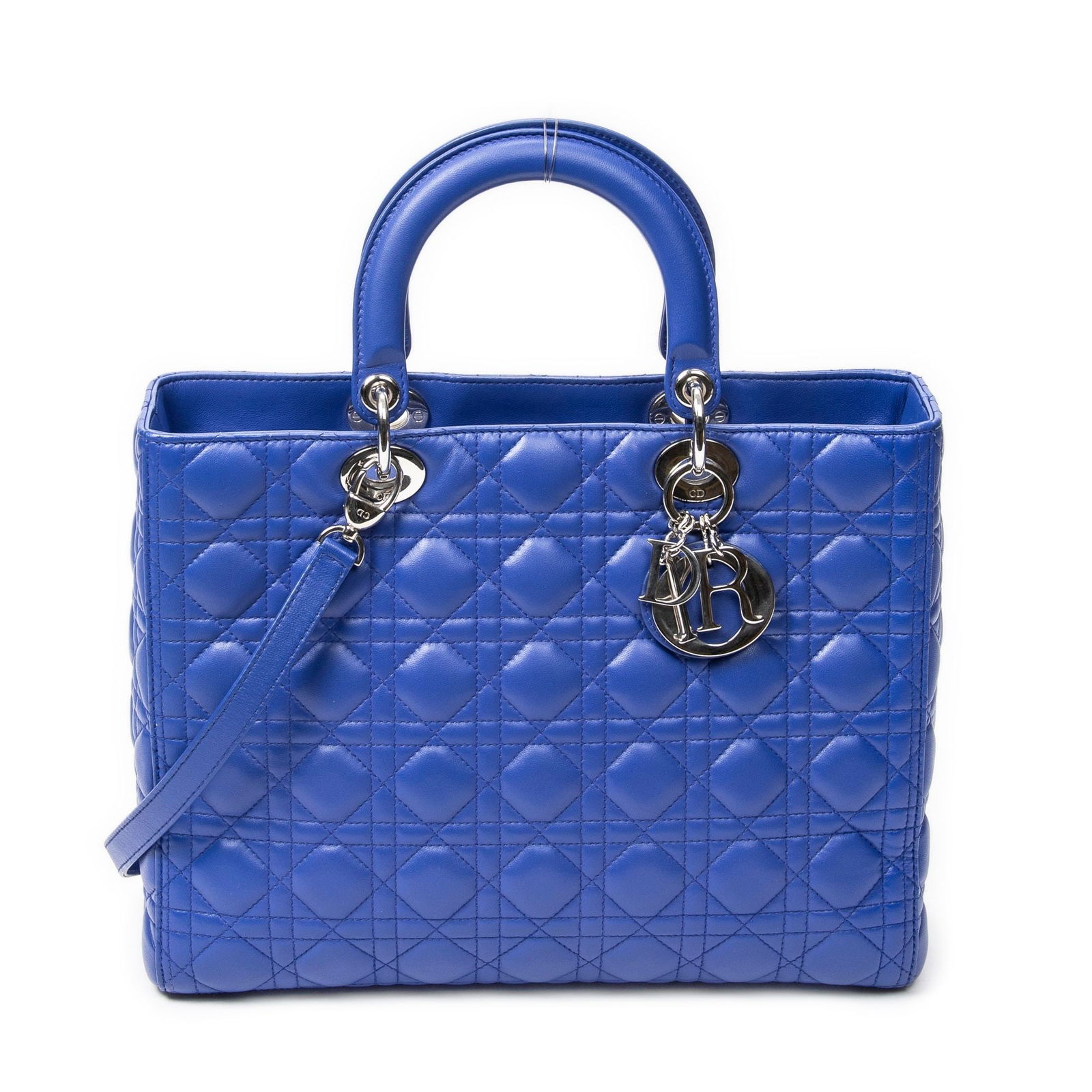 Dior Large Lady Blue Cannage: Material : Calf Leather - Type of Material : Cannage Lambskin Leather - Straps/Handles :Blue Leather - Hardware : Silver - Dimensions in cm : 32*25*11cm - Production code : 05-MA-0113 - Condition : AB