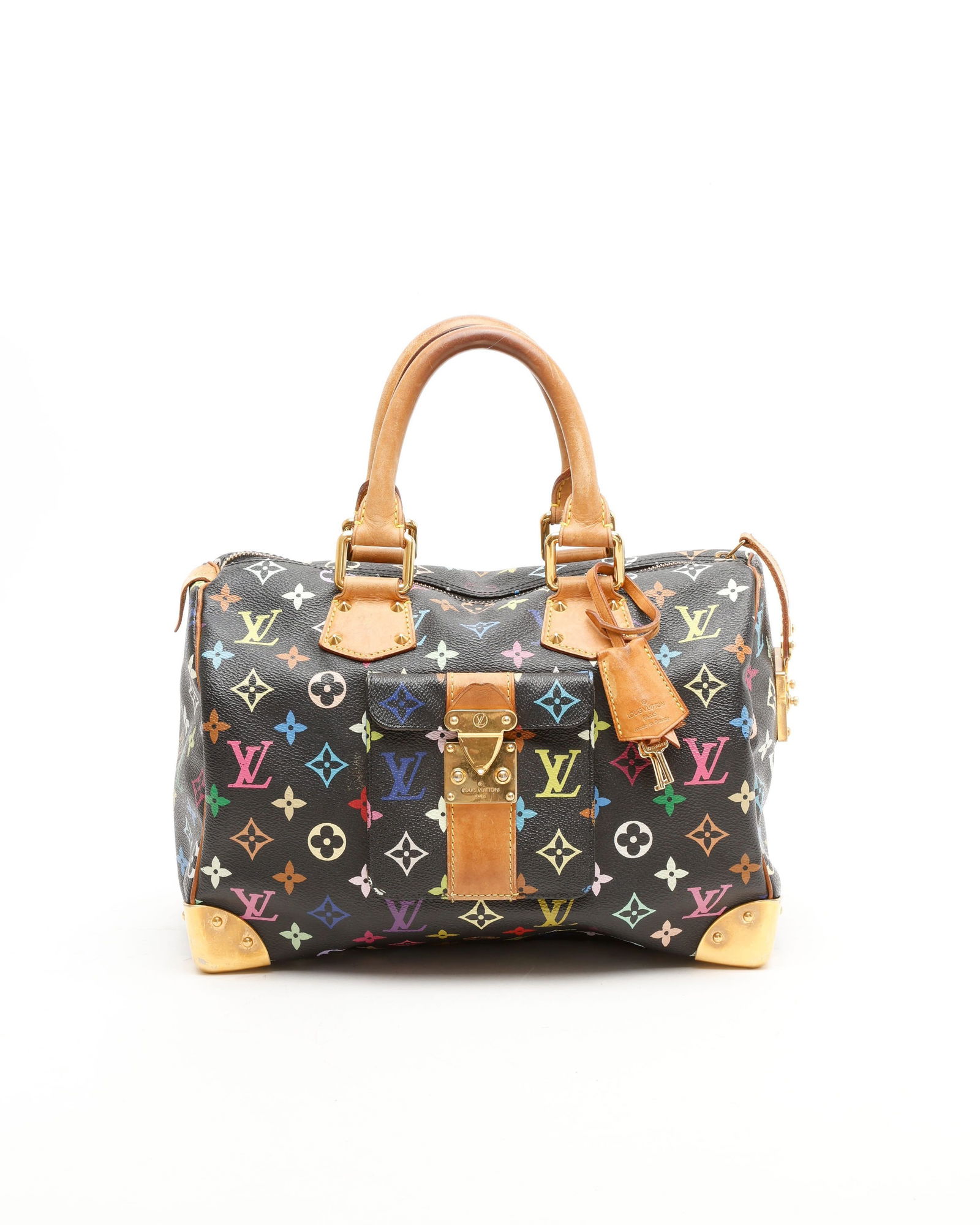 Louis Vuitton Murakami Speedy 30 Bag: Louis Vuitton Murakami Speedy 30 Bag• Black Monogram Multicolore canvas with Vachetta leather trim• Brass hardware• Dual rolled top handles• Brown Alcantara lining with one interna