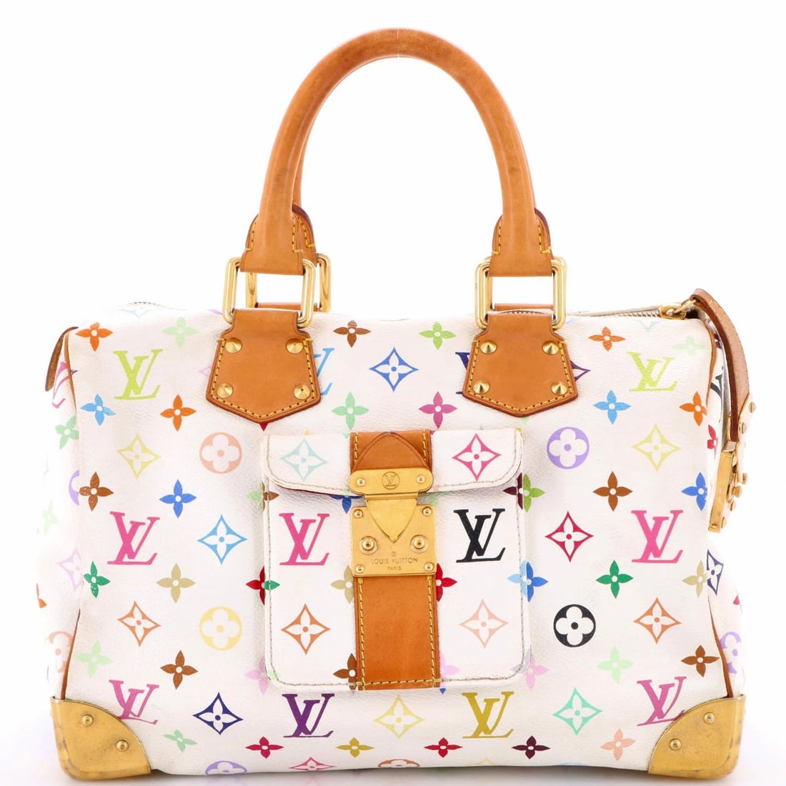 Louis Vuitton Speedy Handbag Monogram Multicolor 30: Estimated Retail Price: $3,150Condition: Good. Exterior: corner wear, edge wear, creases, scuffs, discoloration | Handles/Straps: scuffs, discoloration, cracking | Interior: moderate odor, discolorati