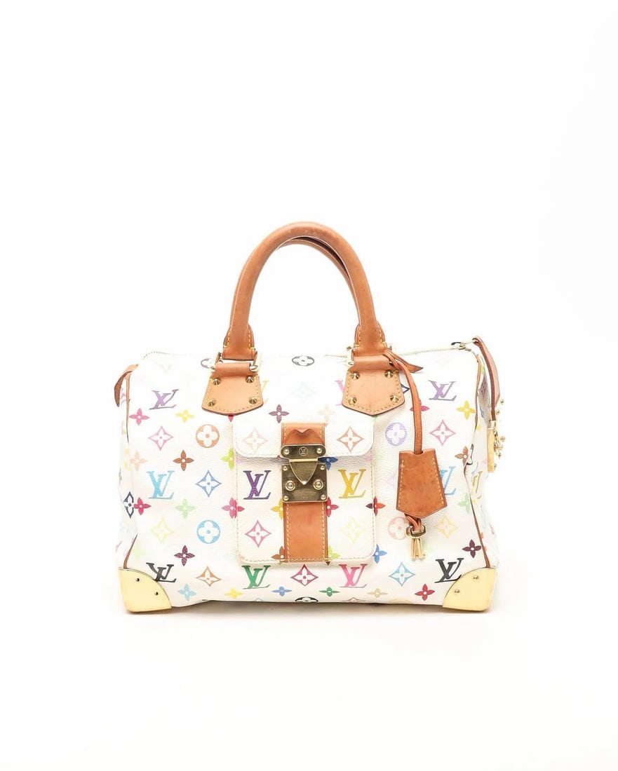 Louis Vuitton Murakami Speedy 30 Bag: The Louis Vuitton Murakami Speedy 30 Bag is made from white Monogram Multicolore canvas with Vachetta leather trim, featuring gold-tone brass hardware, dual rolled leather handles, an external pocket
