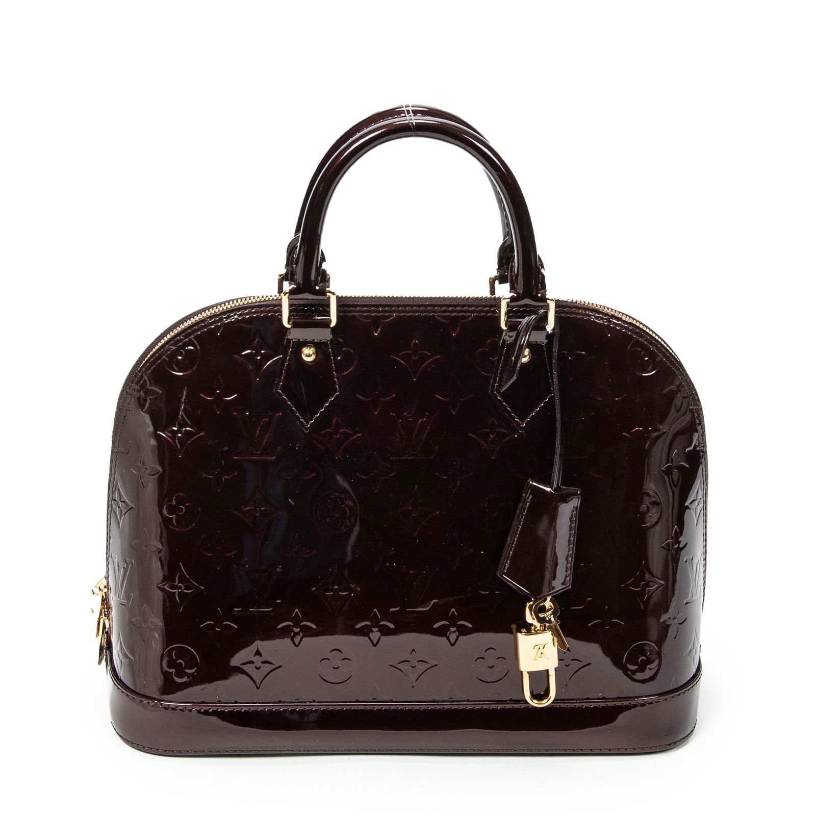 Louis Vuitton Alma PM, Monogram Vernis: Material : Calf Leather - Type of Material : Monogram Vernis - Straps/Handles :Amarante Leather - Hardware : Golden Brass - Dimensions in cm : 30*23*15cm - Production code : SN3172 (37th week of