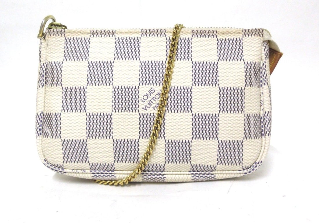 Louis Vuitton Mini Pochette Accessoires, Damier Azur: Compact pouch made from Damier Azur coated canvas, ideal for small essentials.