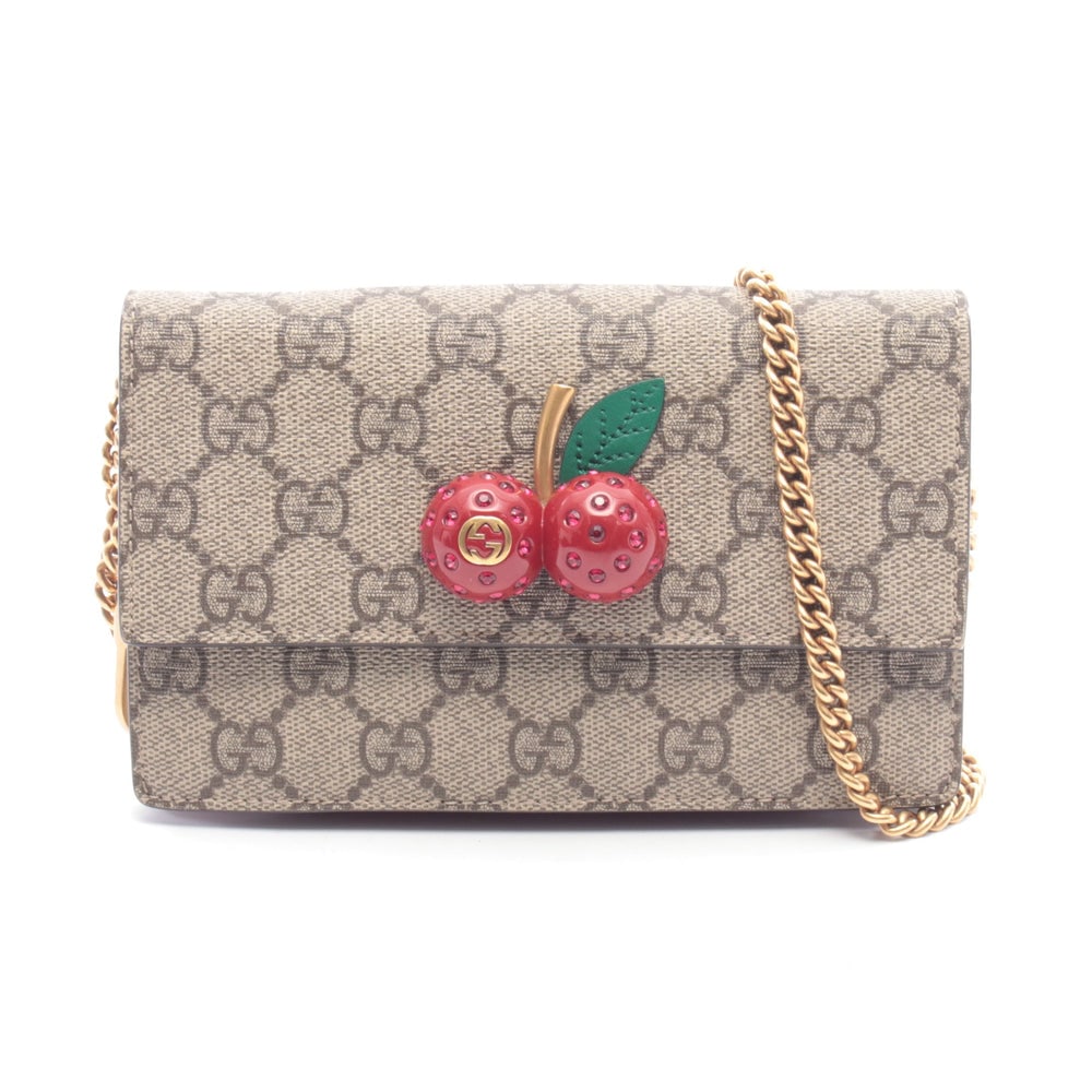 Gucci Cherry Mini Chain Bag: Gucci Cherry GG Supreme mini chain shoulder bag in beige red and multicolor PVC and leather with hook charm.