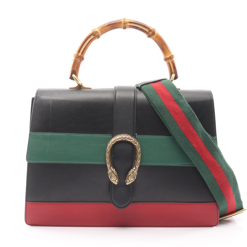 Gucci Bamboo Dionysus 2WAY: Gucci Bamboo Dionysus 2WAY handbag in black green and red leather.