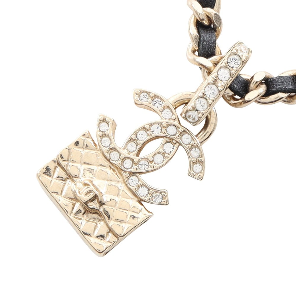 Coco mark Bag motif Choker Necklace GP Leather Gold Black A23B: Coco mark Bag motif Choker Necklace GP Leather Gold Black A23B