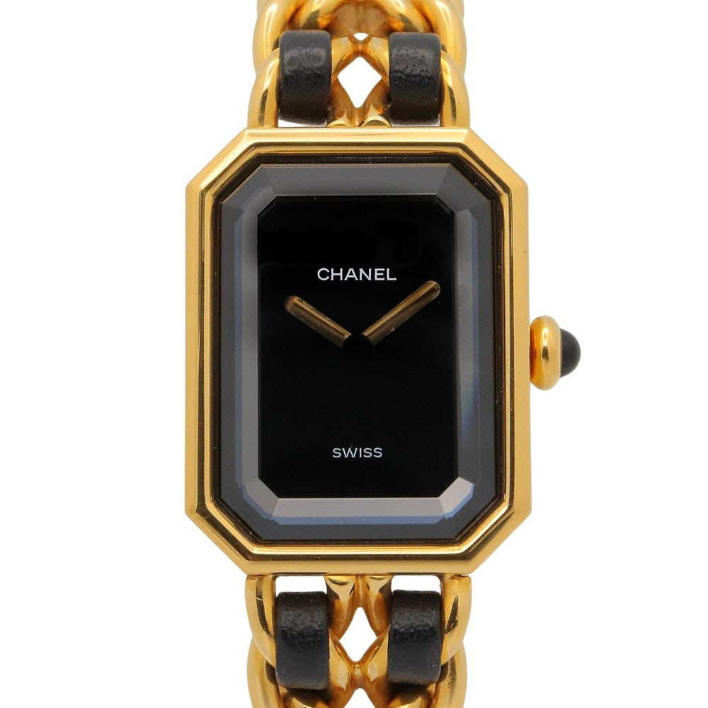 Chanel Premiere S Watch: Chanel Premiere S women's quartz watch in GP with black leather.