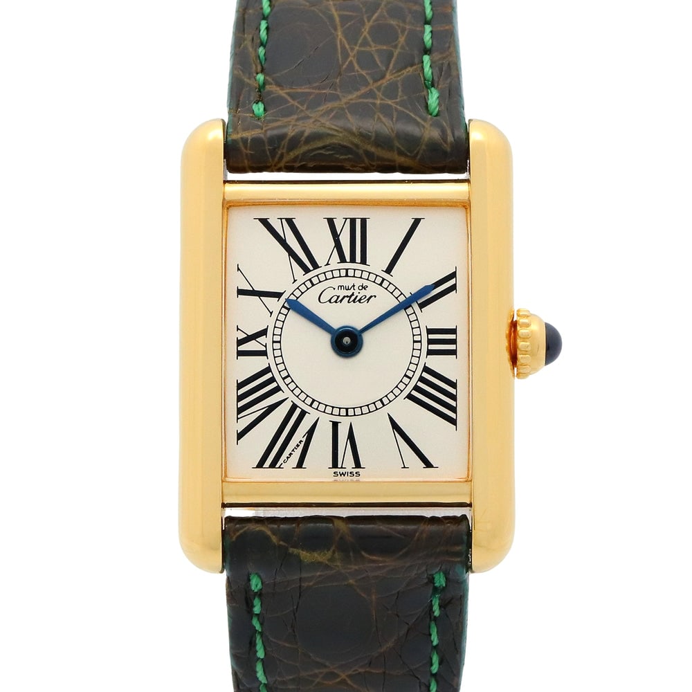 Cartier Must Tank Vermeil: Cartier Must Tank Vermeil SM women's quartz watch in gold plated GP with crocodile leather and silver dial.